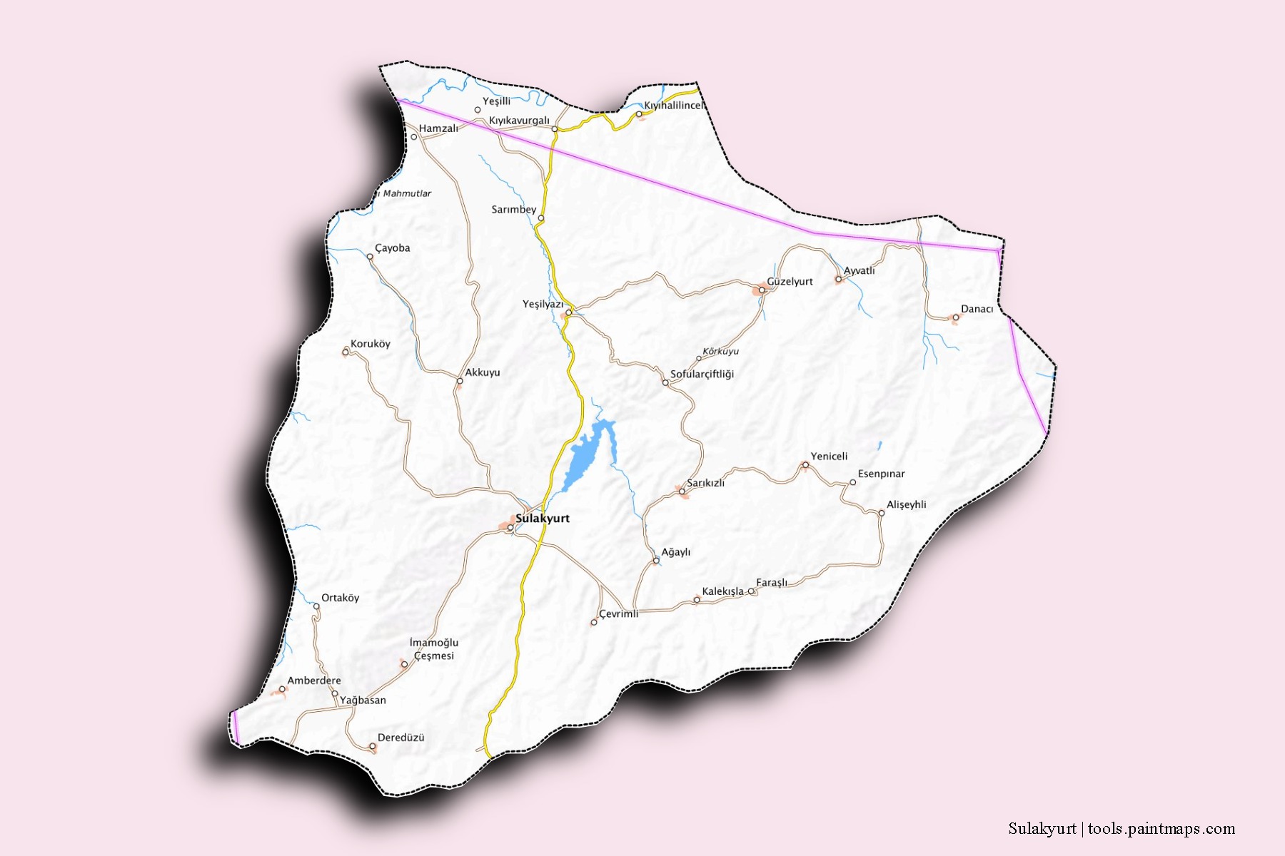 Mapa de barrios y pueblos de Sulakyurt con efecto de sombra 3D