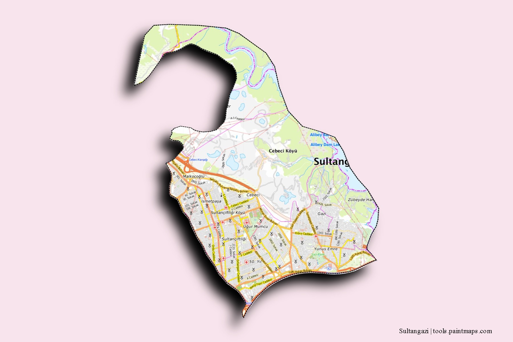 Sultangazi neighborhoods and villages map with 3D shadow effect