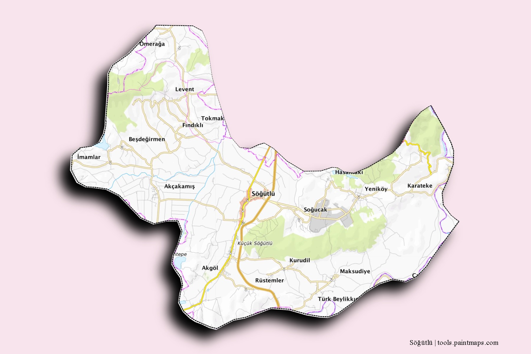 Sögütlü neighborhoods and villages map with 3D shadow effect