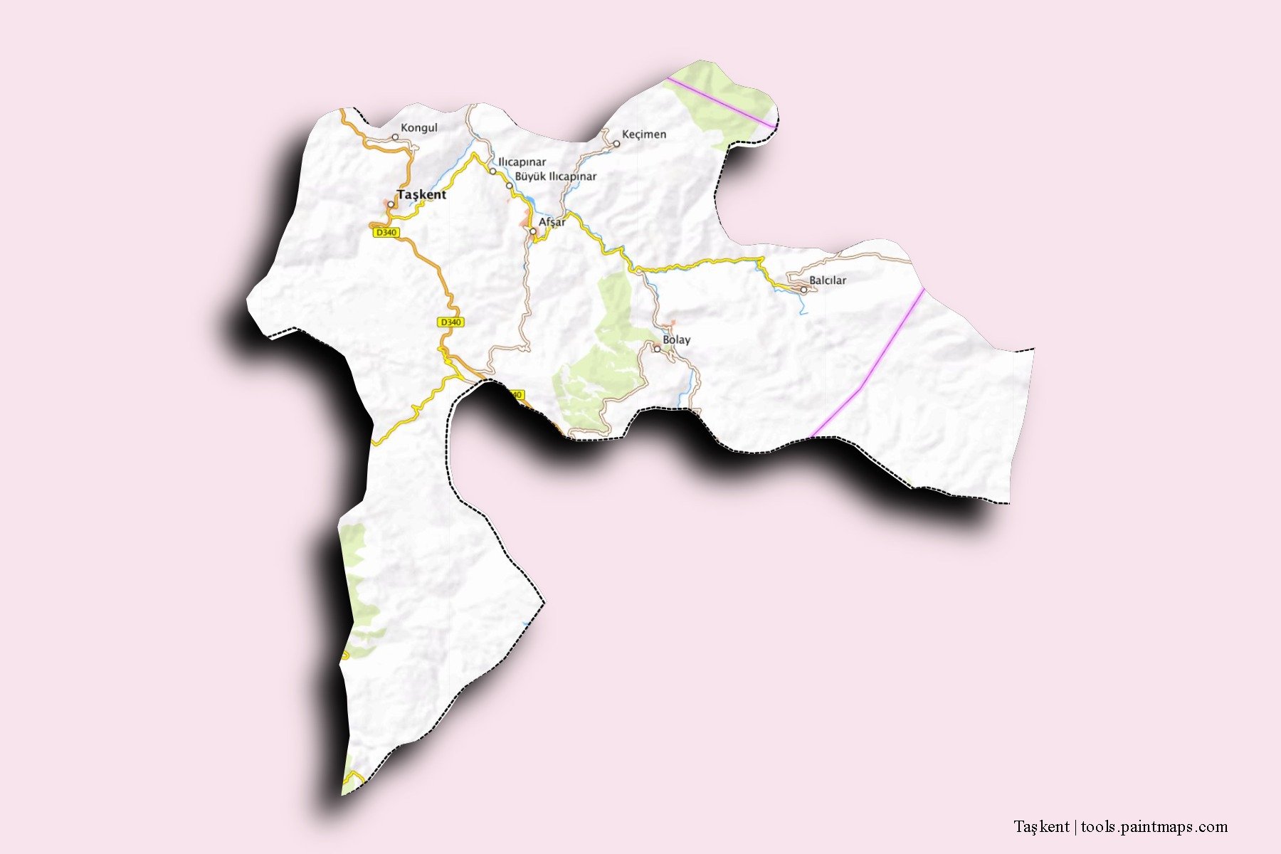 Mapa de barrios y pueblos de Taşkent con efecto de sombra 3D