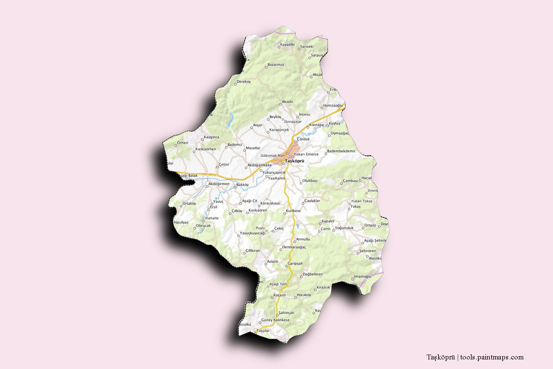 Mapa de barrios y pueblos de Taşköprü con efecto de sombra 3D