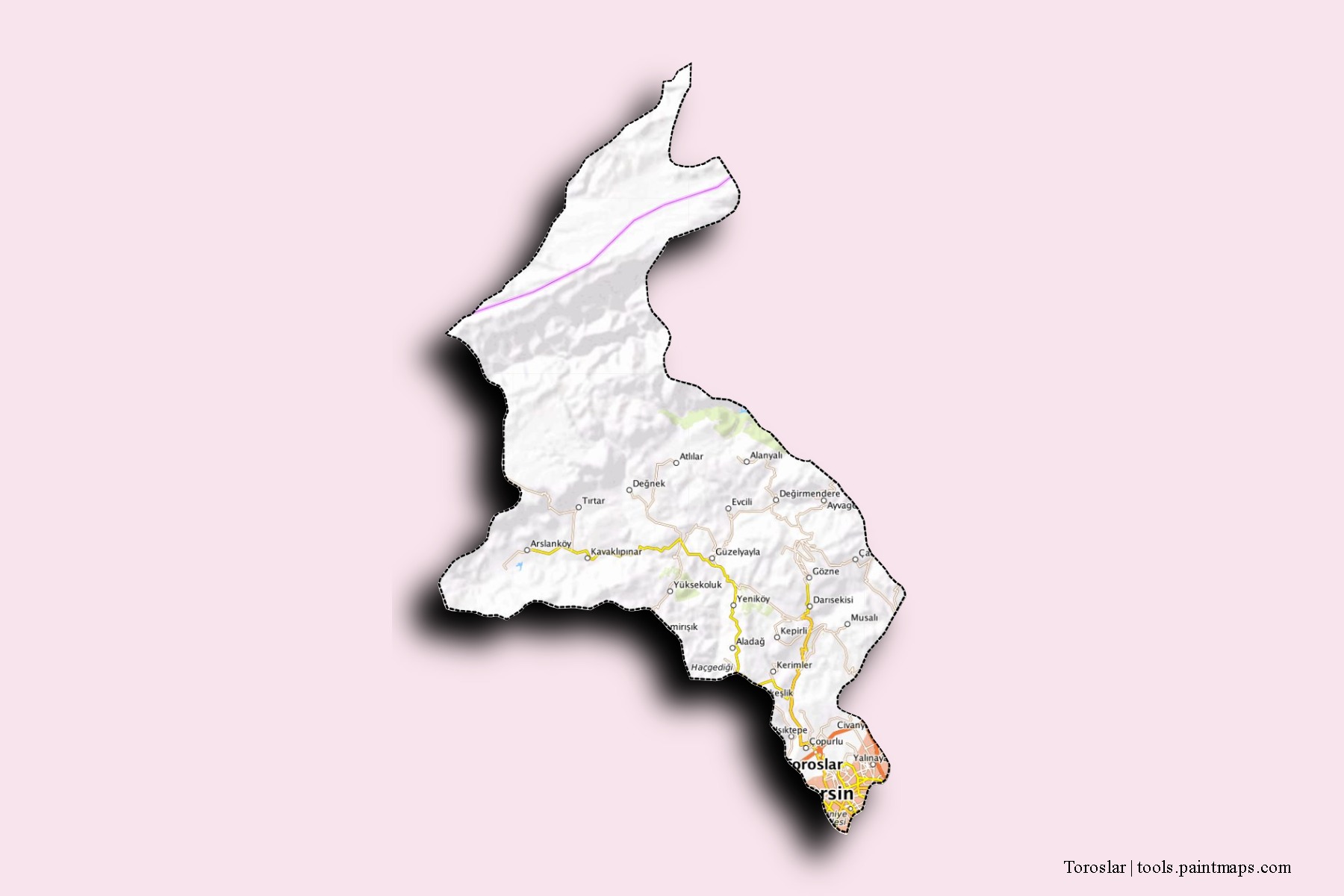 Toroslar neighborhoods and villages map with 3D shadow effect