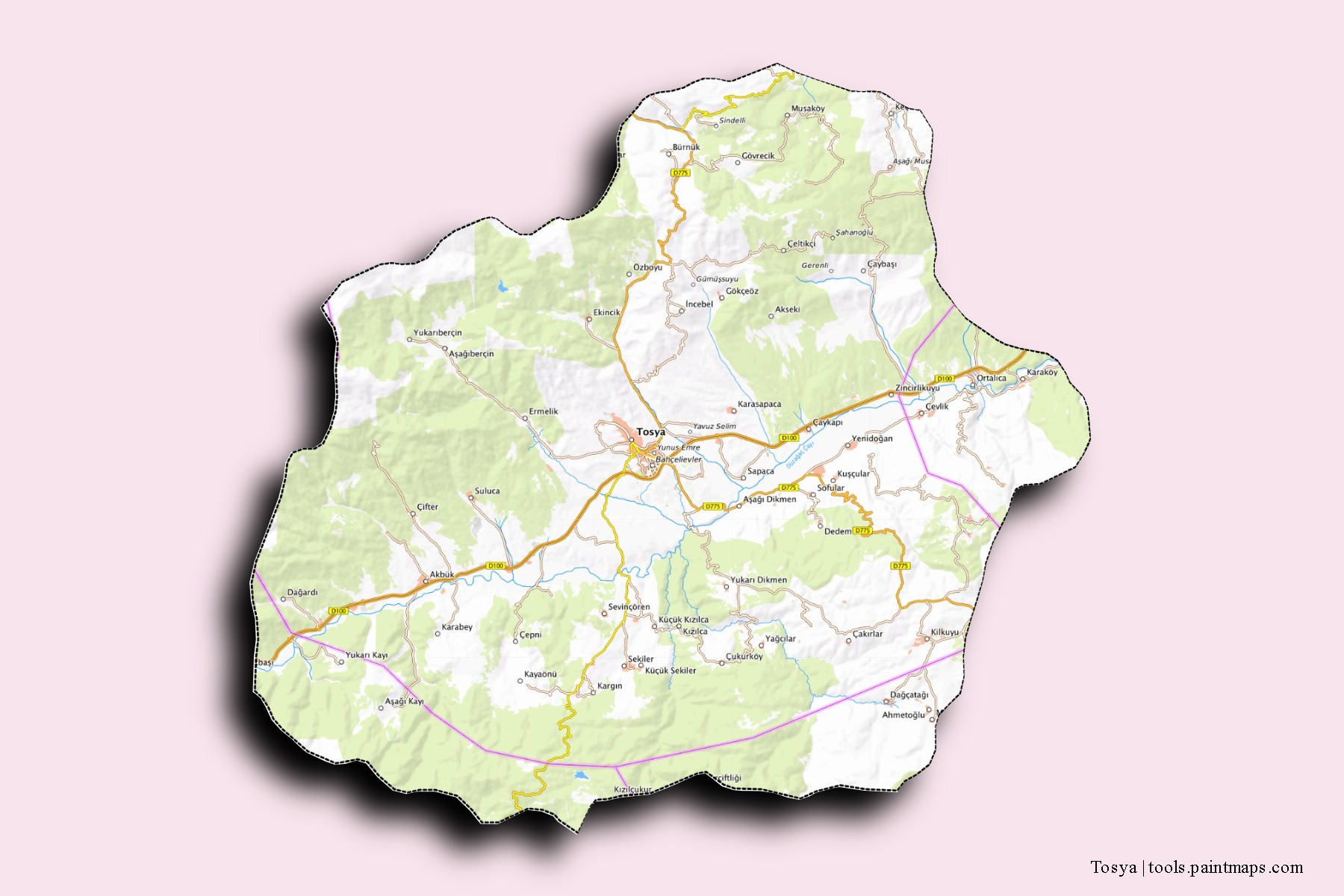 Mapa de barrios y pueblos de Tosya con efecto de sombra 3D