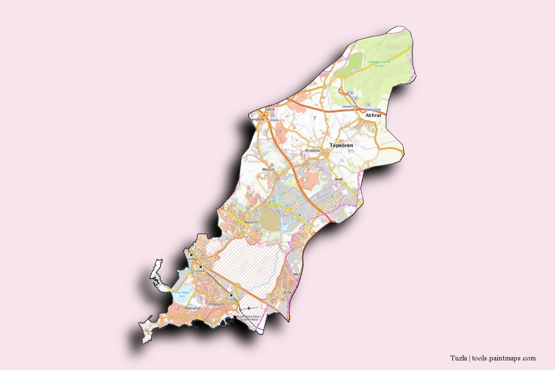 Mapa de barrios y pueblos de Tuzla con efecto de sombra 3D