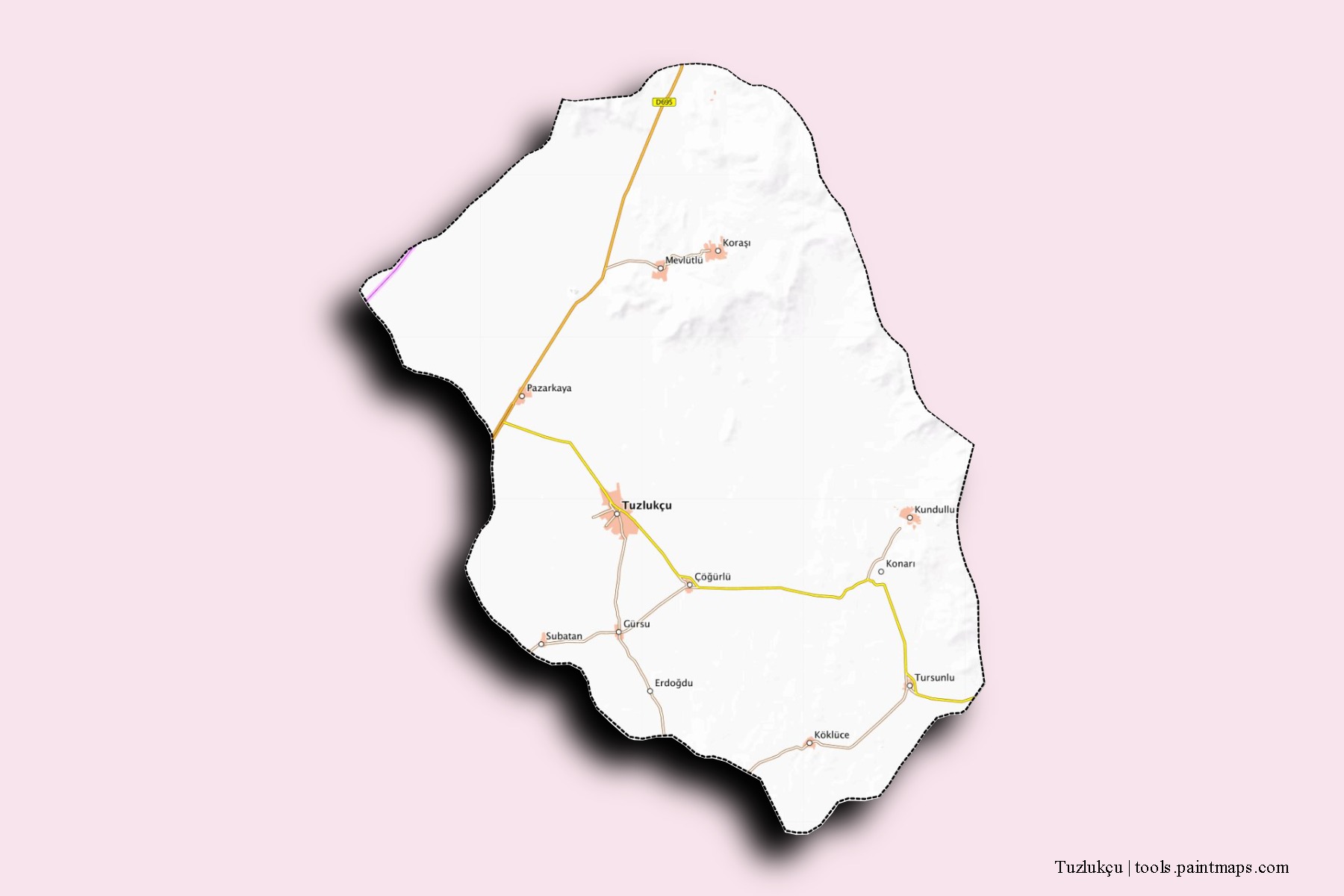 Mapa de barrios y pueblos de Tuzlukçu con efecto de sombra 3D