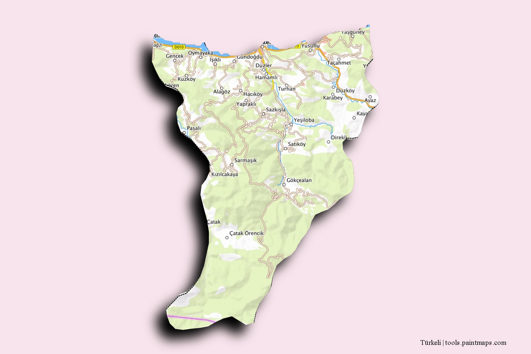 Mapa de barrios y pueblos de Türkeli con efecto de sombra 3D