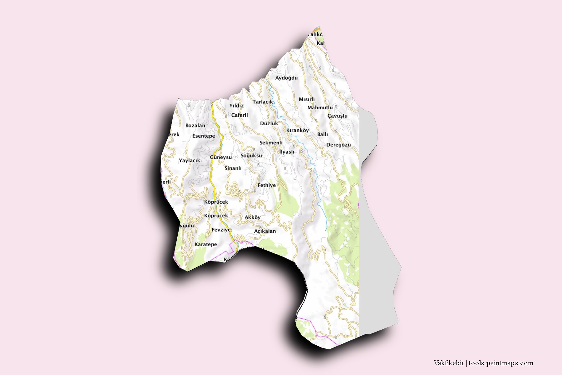 Mapa de barrios y pueblos de Vakfıkebir con efecto de sombra 3D