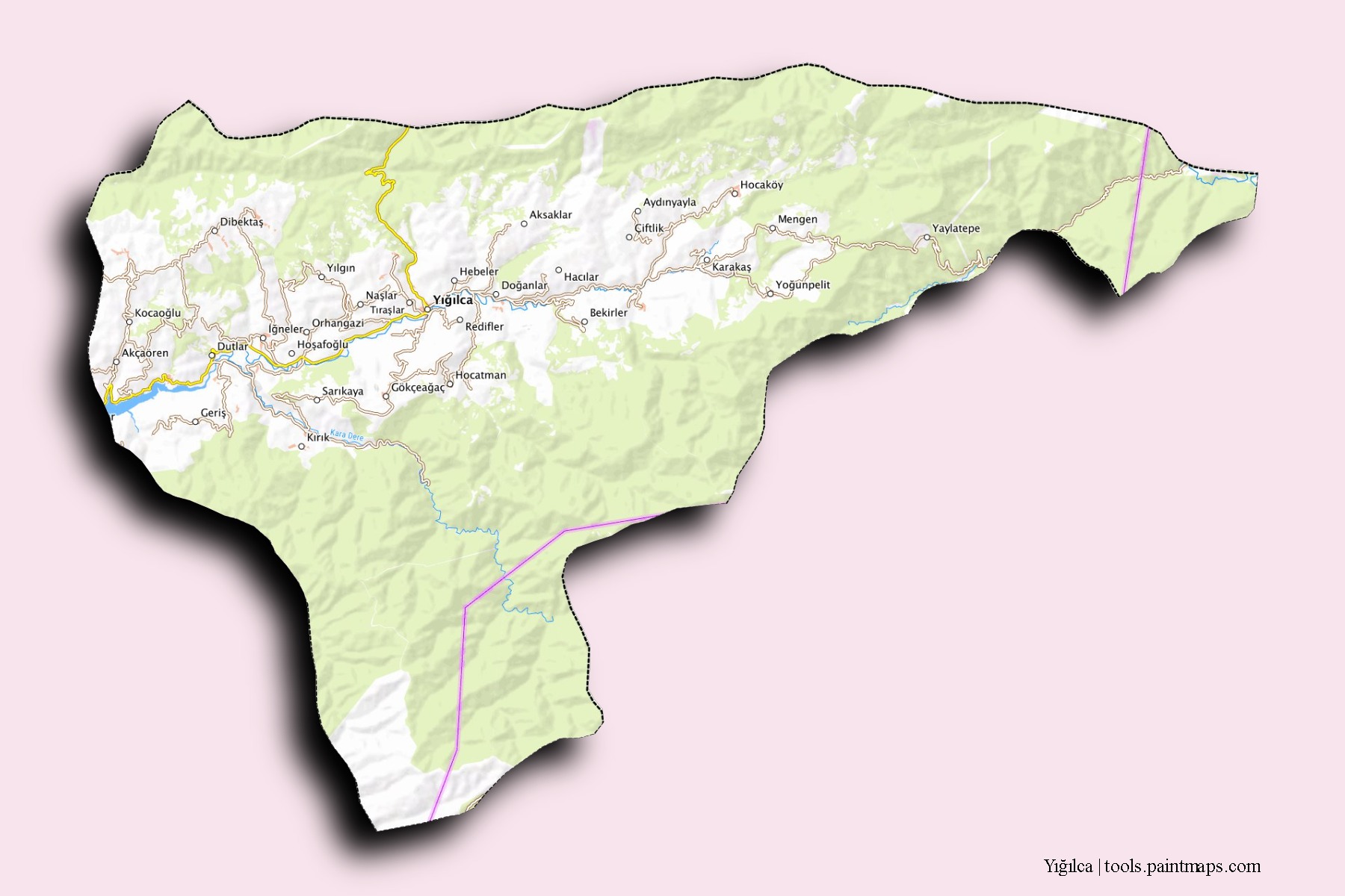 Mapa de barrios y pueblos de Yığılca con efecto de sombra 3D