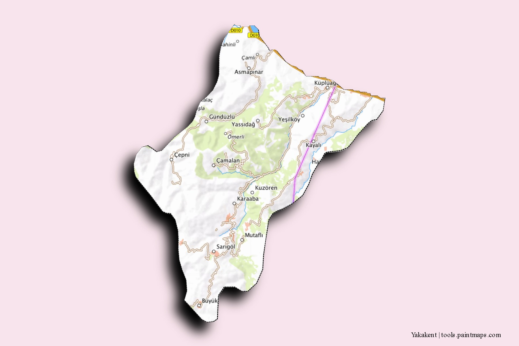 Mapa de barrios y pueblos de Yakakent con efecto de sombra 3D