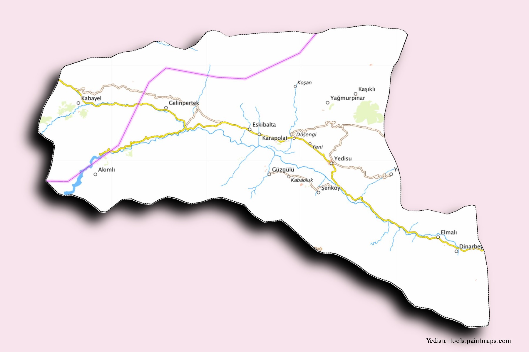 Mapa de barrios y pueblos de Yedisu con efecto de sombra 3D