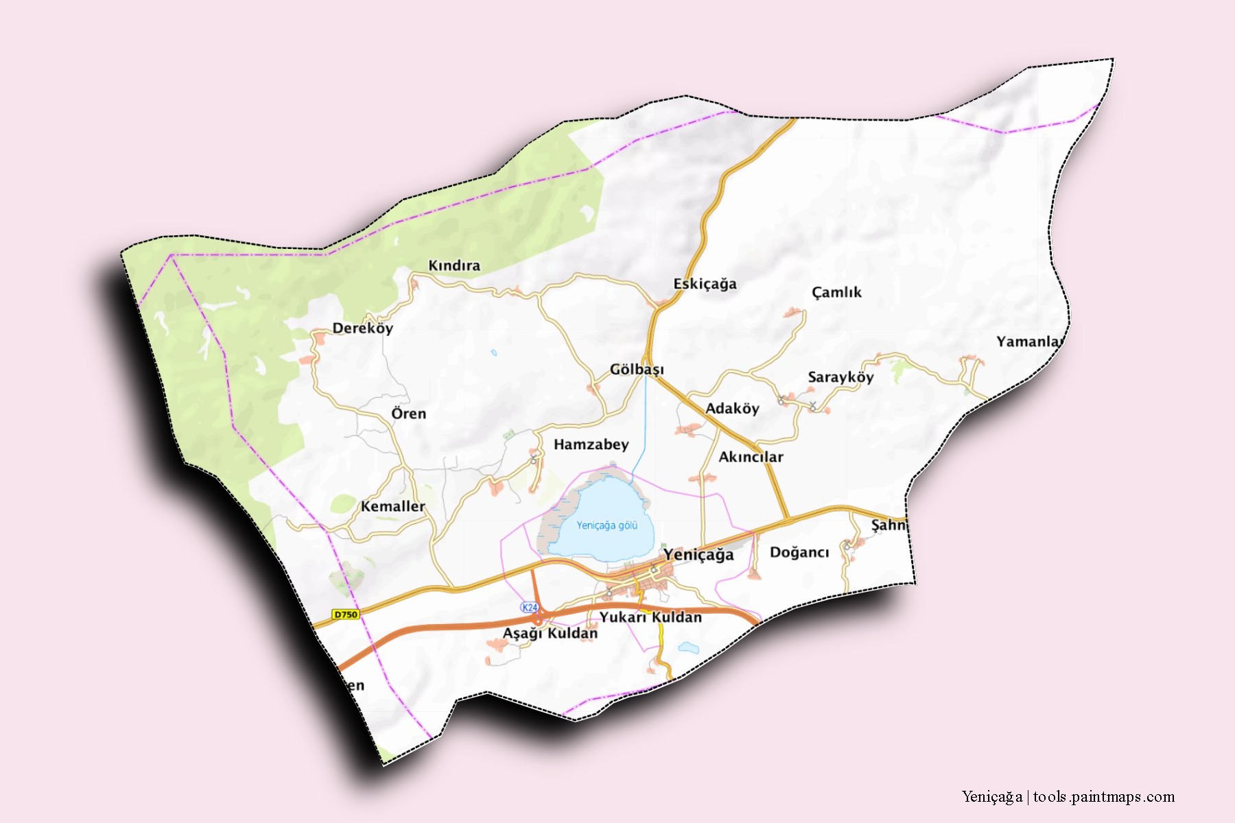 Mapa de barrios y pueblos de Yeniçağa con efecto de sombra 3D