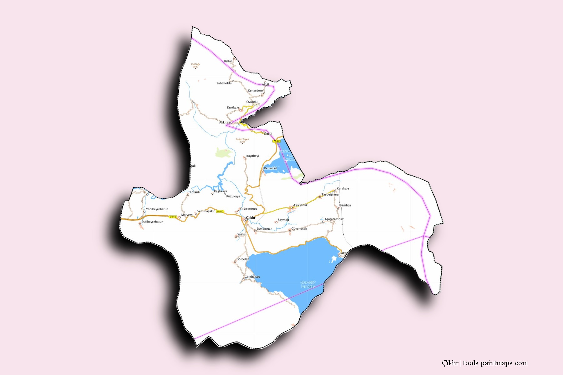 Mapa de barrios y pueblos de Çıldır con efecto de sombra 3D