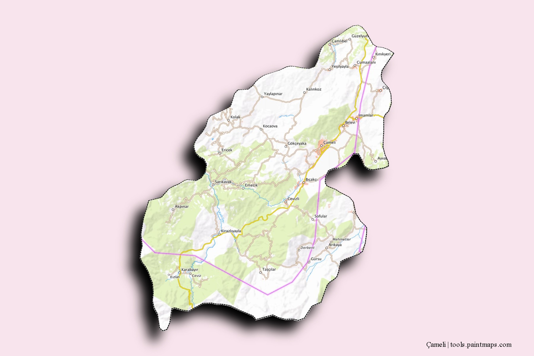 Mapa de barrios y pueblos de Çameli con efecto de sombra 3D