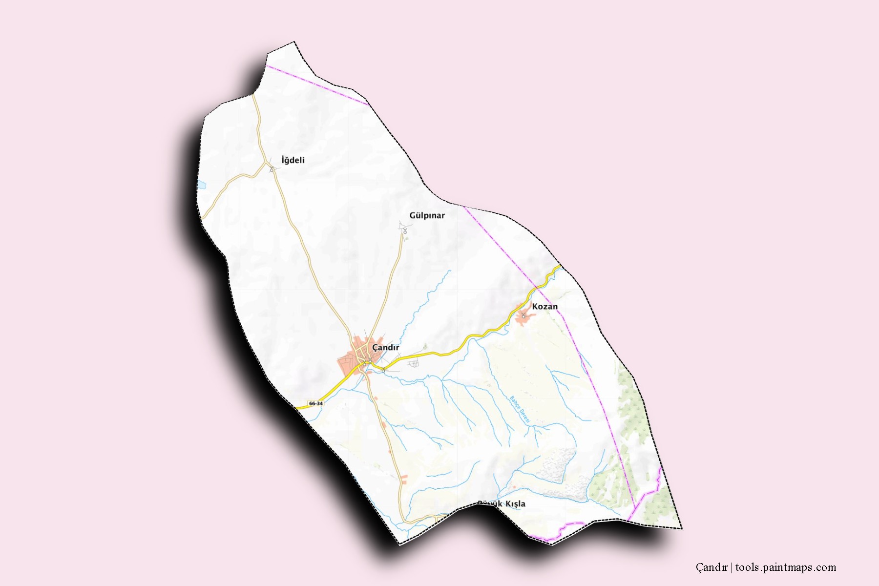 Mapa de barrios y pueblos de Çandır con efecto de sombra 3D