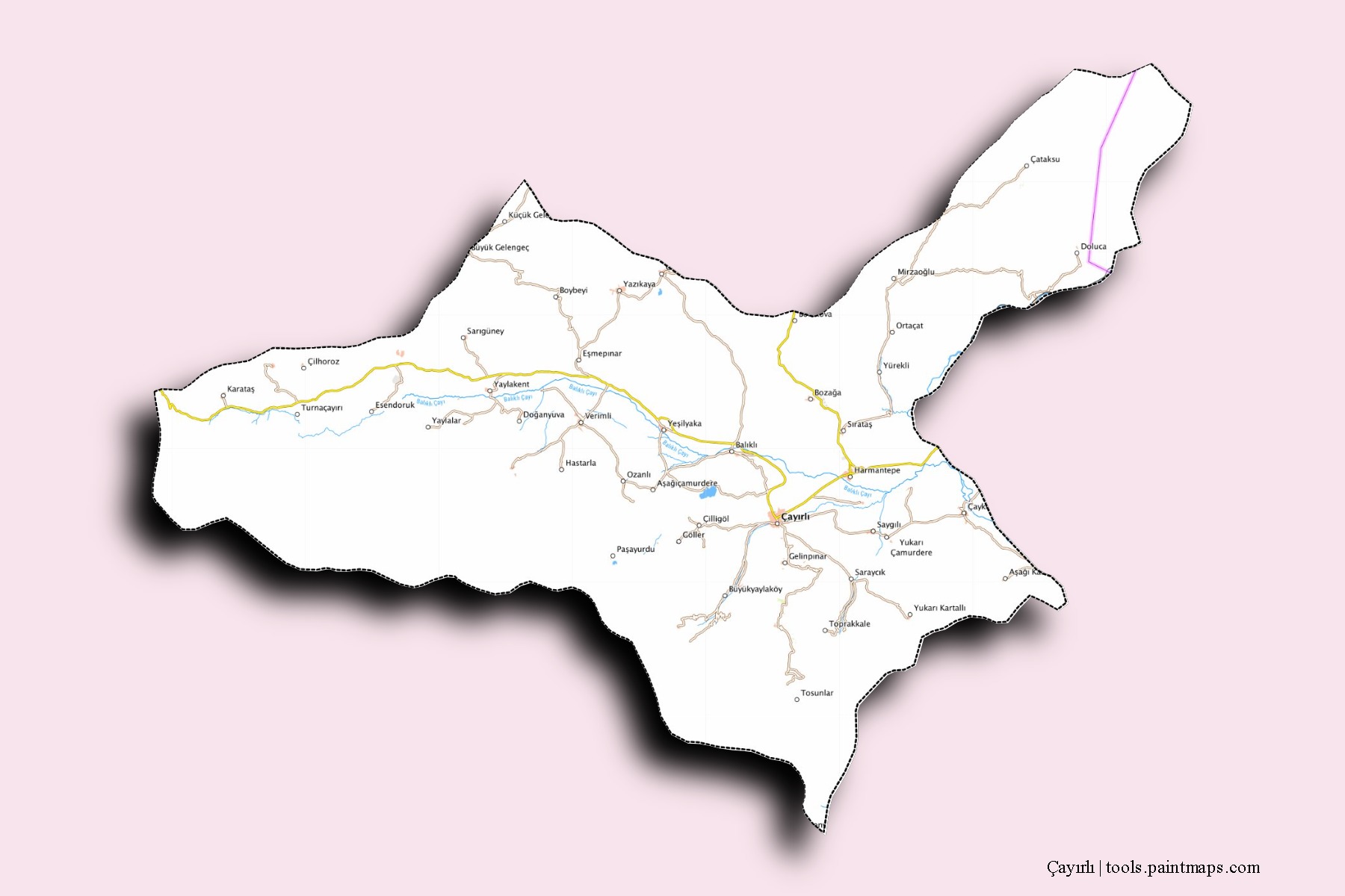 Mapa de barrios y pueblos de Çayırlı con efecto de sombra 3D