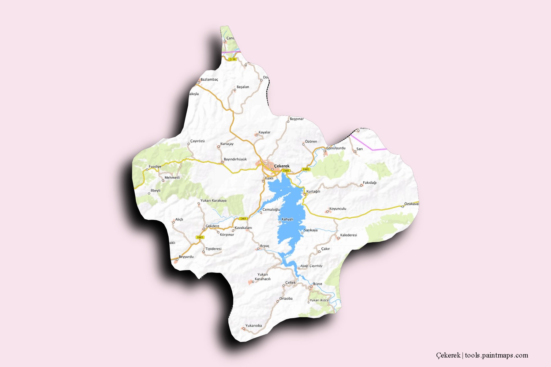 Mapa de barrios y pueblos de Çekerek con efecto de sombra 3D