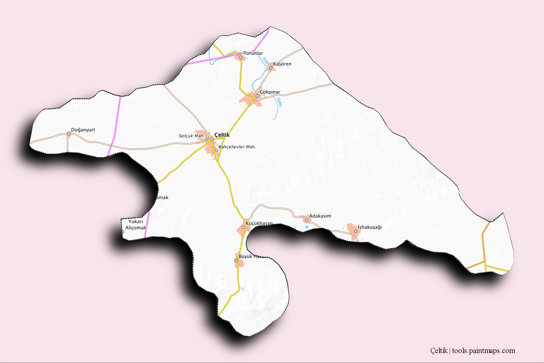 Çeltik neighborhoods and villages map with 3D shadow effect