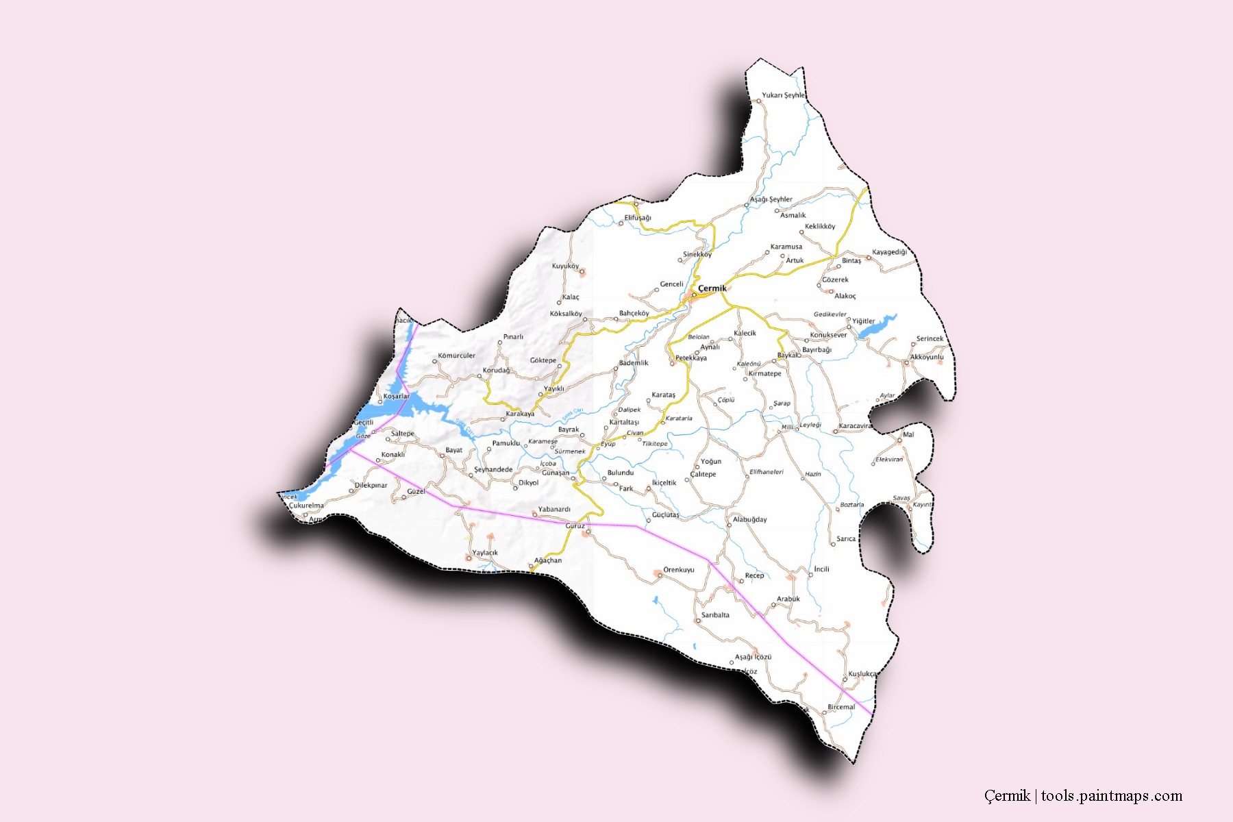 Mapa de barrios y pueblos de Çermik con efecto de sombra 3D