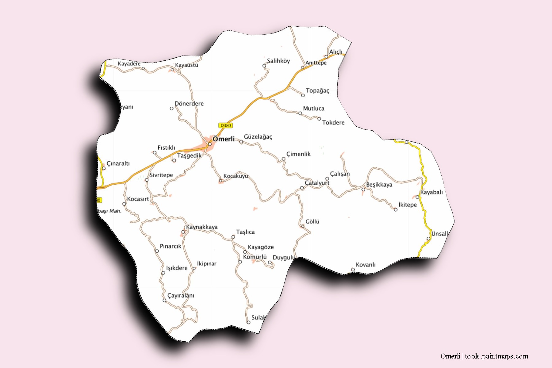 Mapa de barrios y pueblos de Ömerli con efecto de sombra 3D