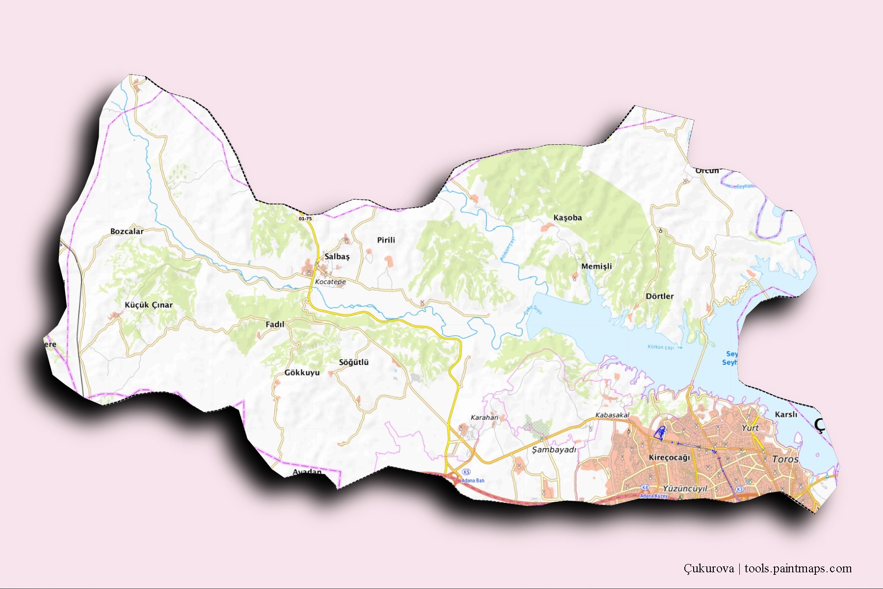 Mapa de barrios y pueblos de Çukurova con efecto de sombra 3D