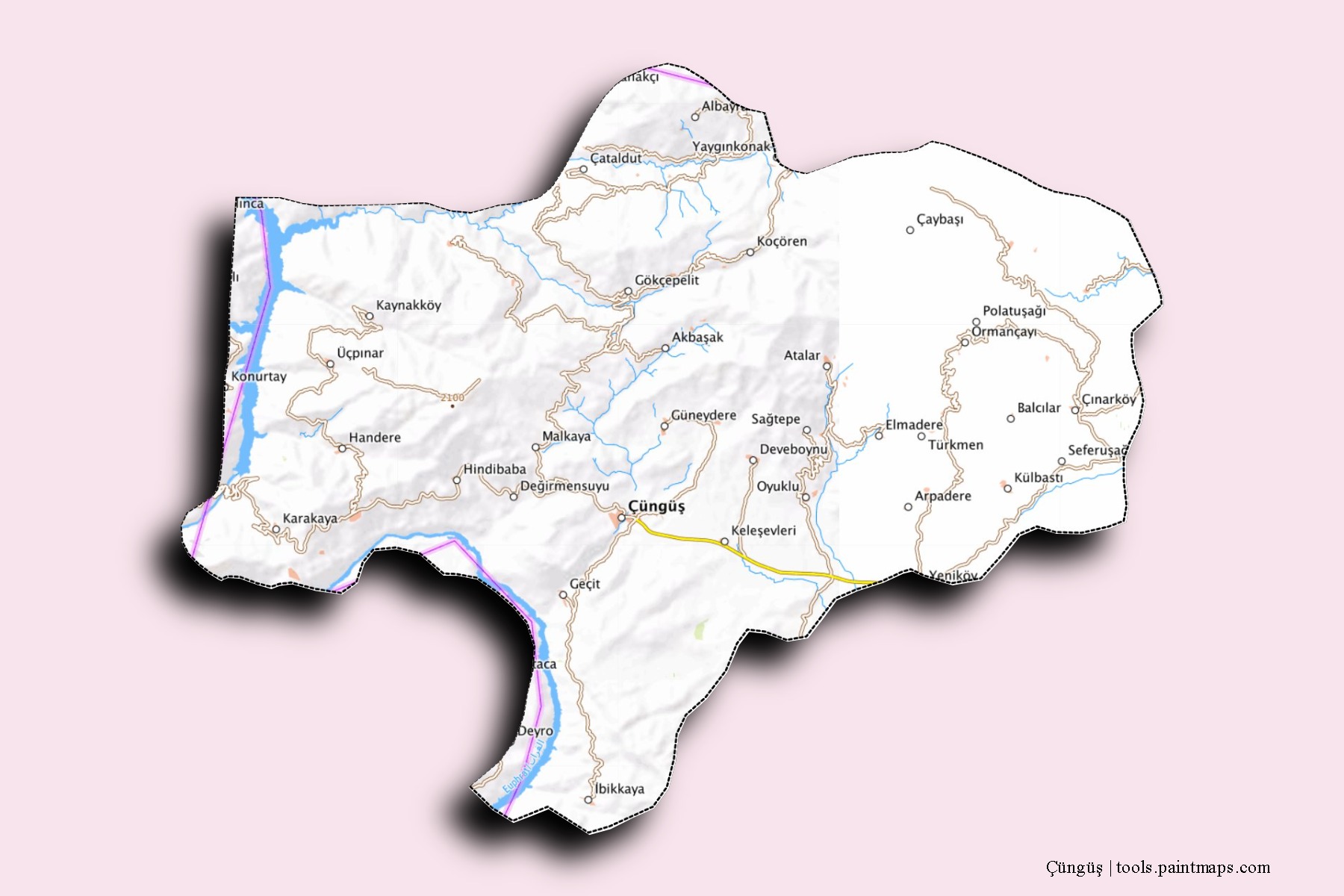 Çüngüs neighborhoods and villages map with 3D shadow effect