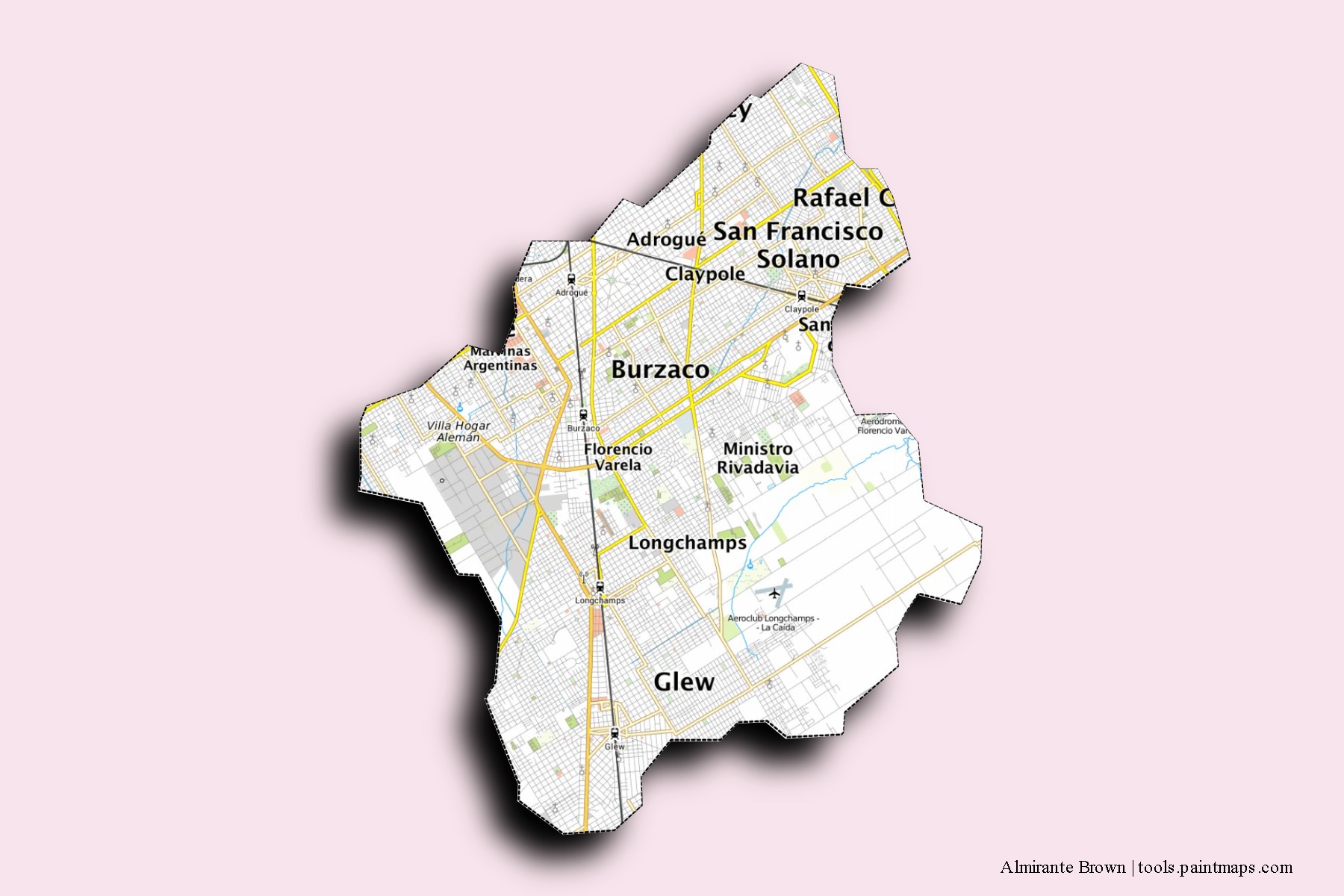 Mapa de barrios y pueblos de Almirante Brown con efecto de sombra 3D