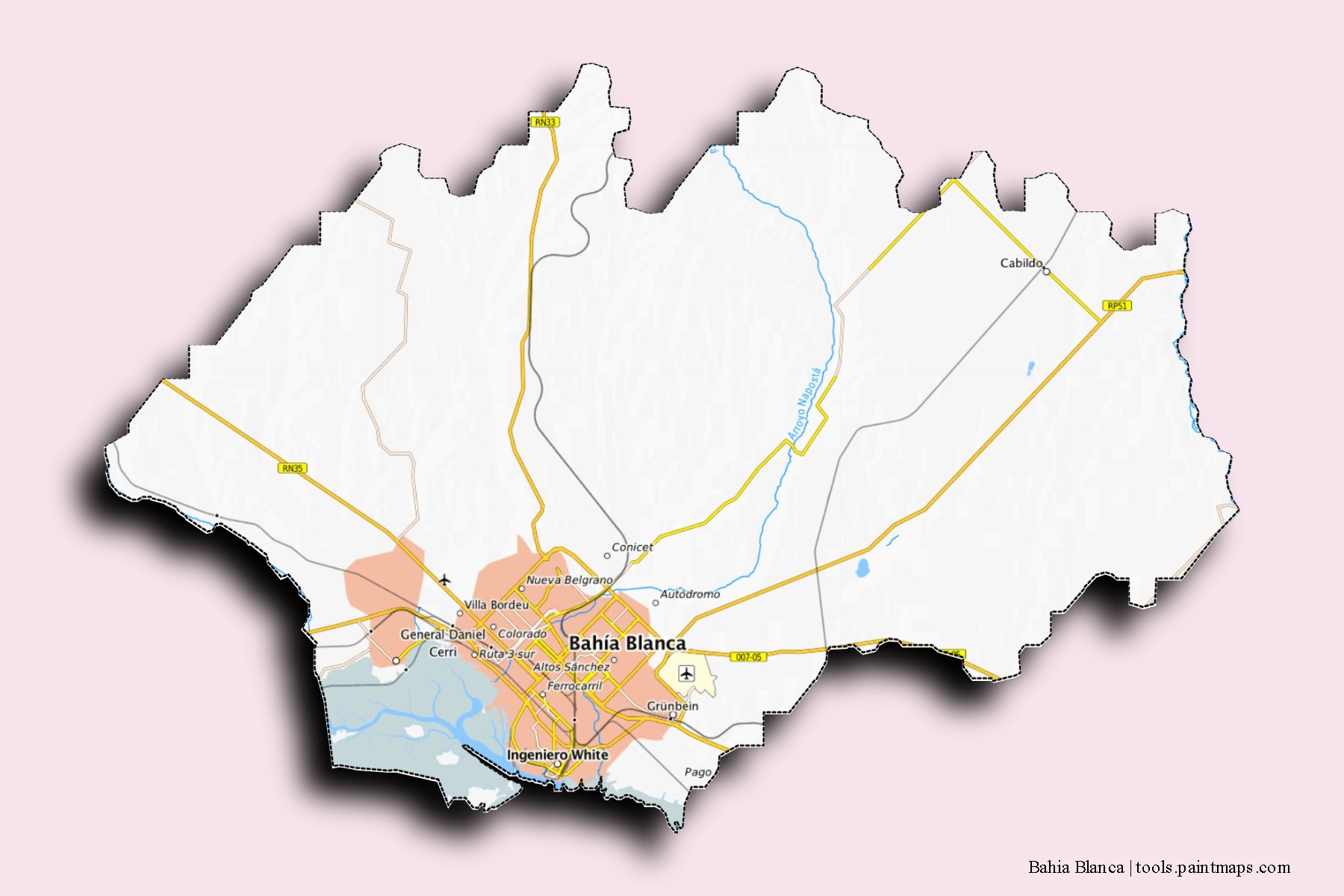 Mapa de barrios y pueblos de Bahia Blanca con efecto de sombra 3D