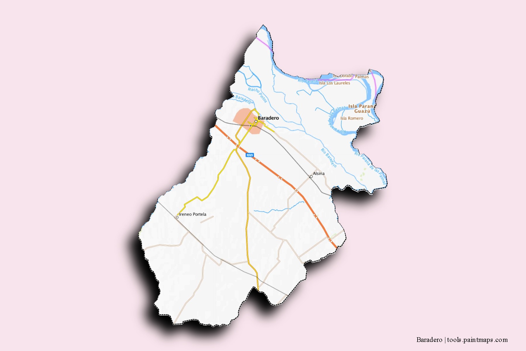 Mapa de barrios y pueblos de Baradero con efecto de sombra 3D