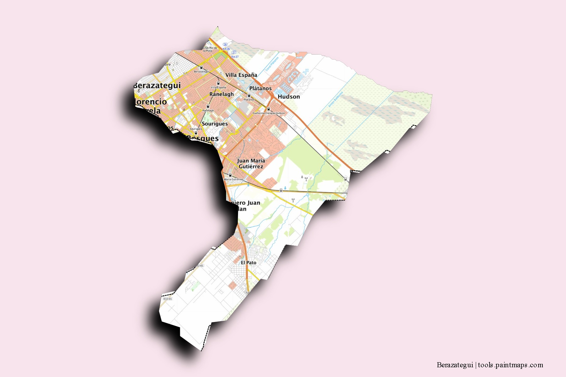 Berazategui neighborhoods and villages map with 3D shadow effect