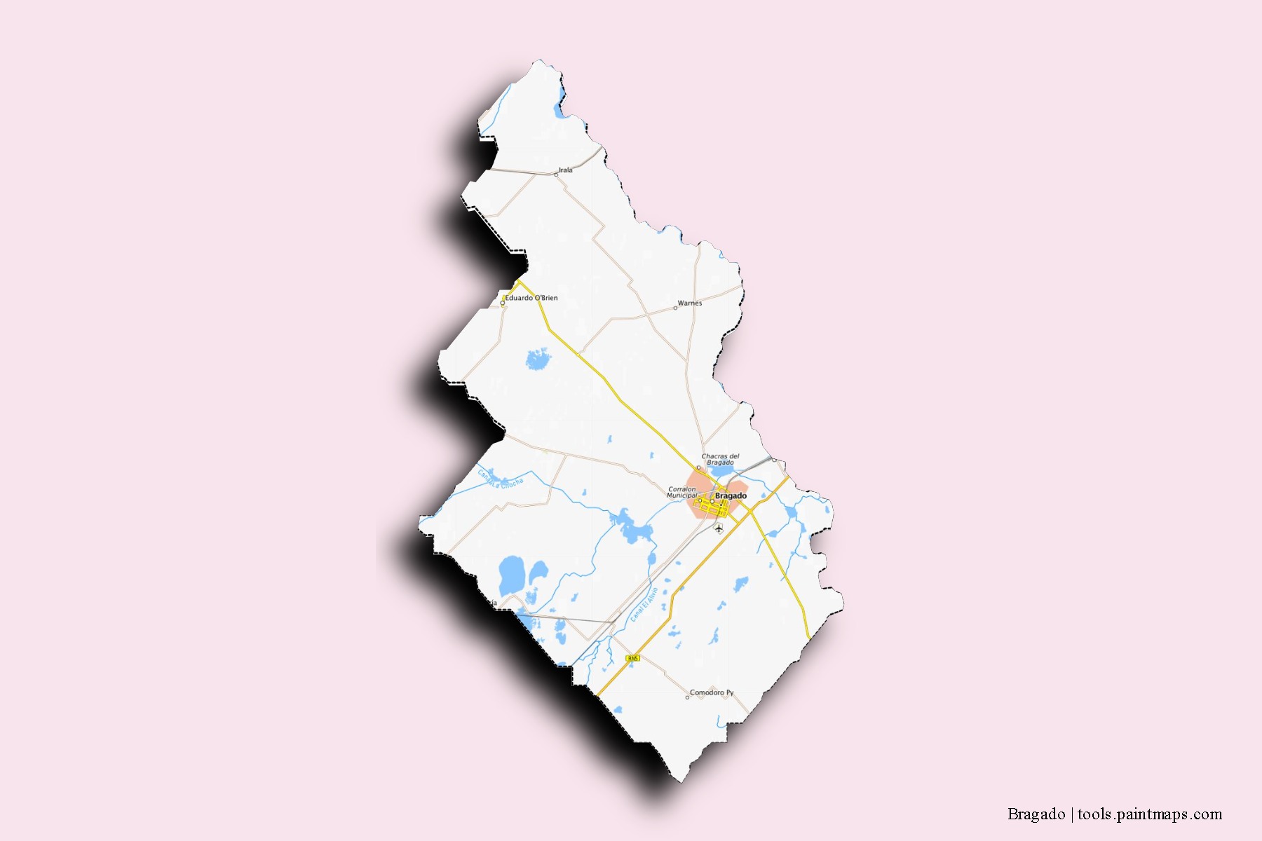 Bragado neighborhoods and villages map with 3D shadow effect