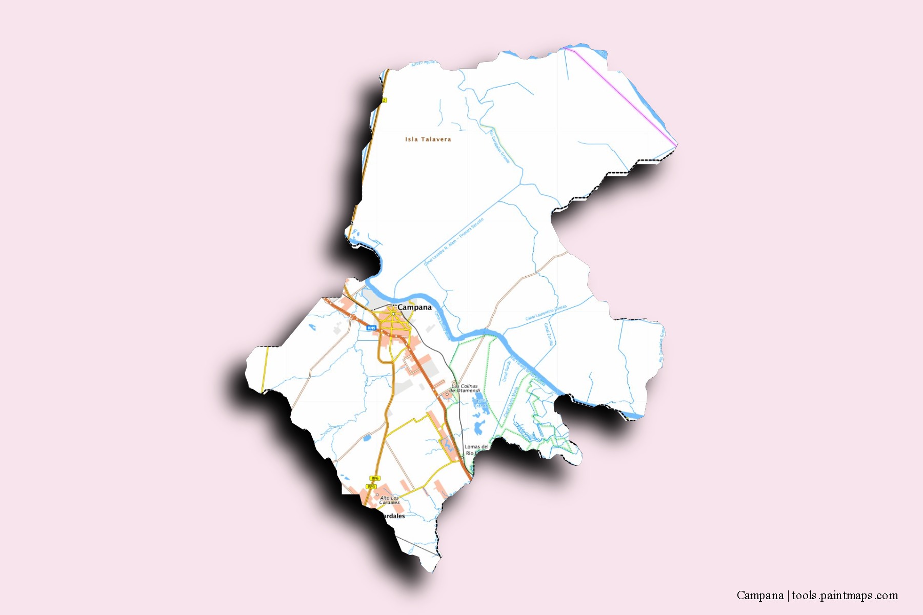 Mapa de barrios y pueblos de Campana con efecto de sombra 3D