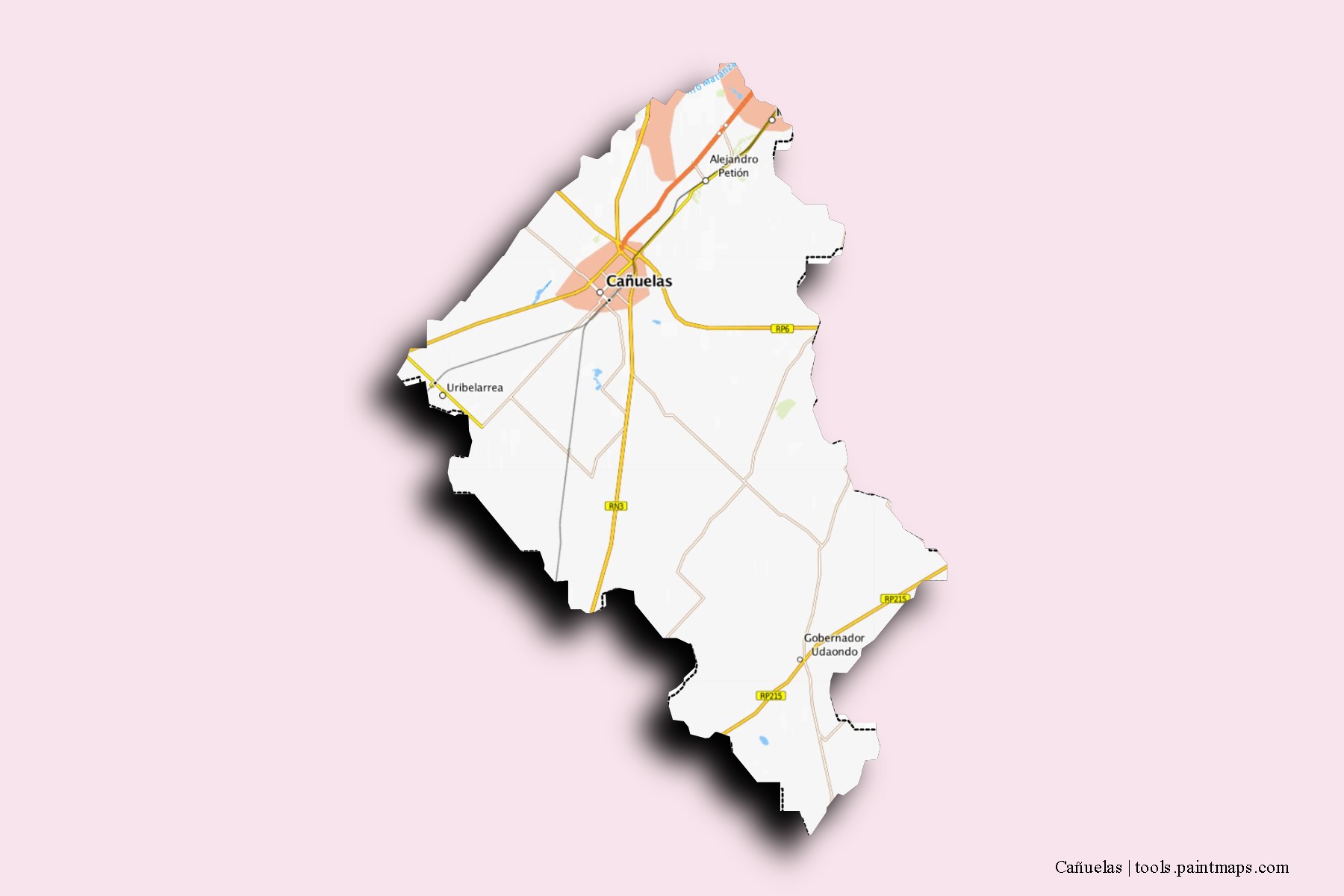 Cañuelas neighborhoods and villages map with 3D shadow effect