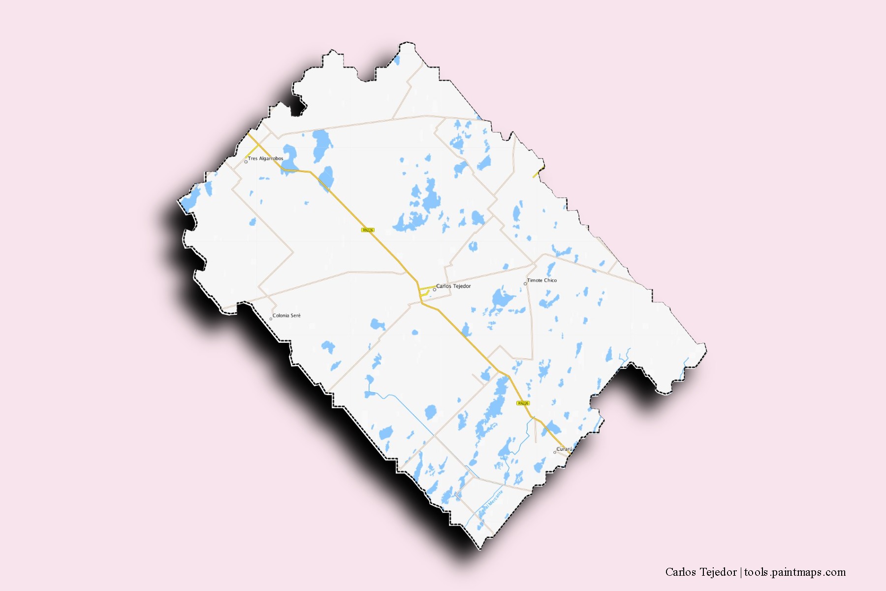 Mapa de barrios y pueblos de Carlos Tejedor con efecto de sombra 3D