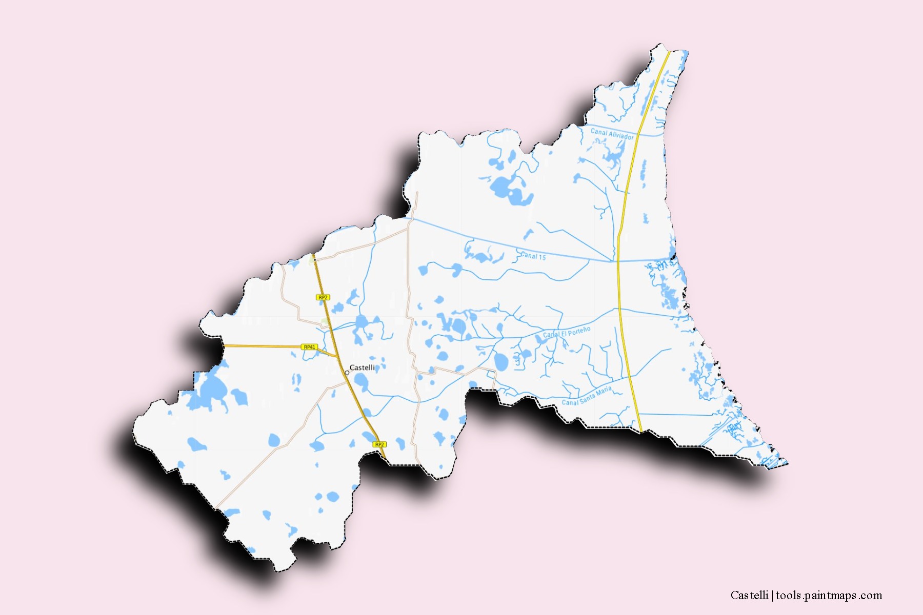 Mapa de barrios y pueblos de Castelli con efecto de sombra 3D