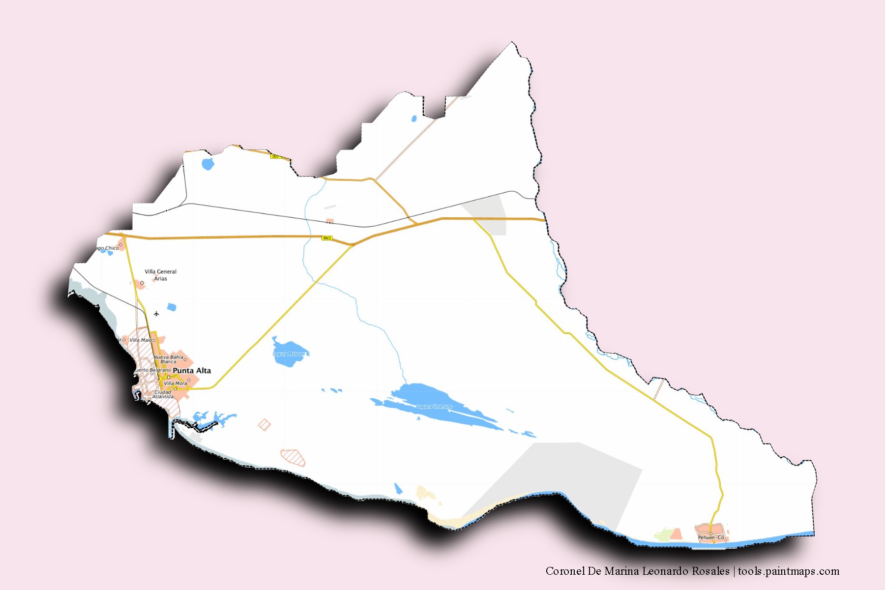 Mapa de barrios y pueblos de Coronel De Marina Leonardo Rosales con efecto de sombra 3D