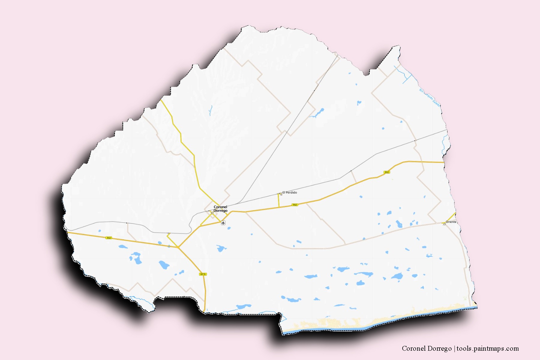 Coronel Dorrego neighborhoods and villages map with 3D shadow effect