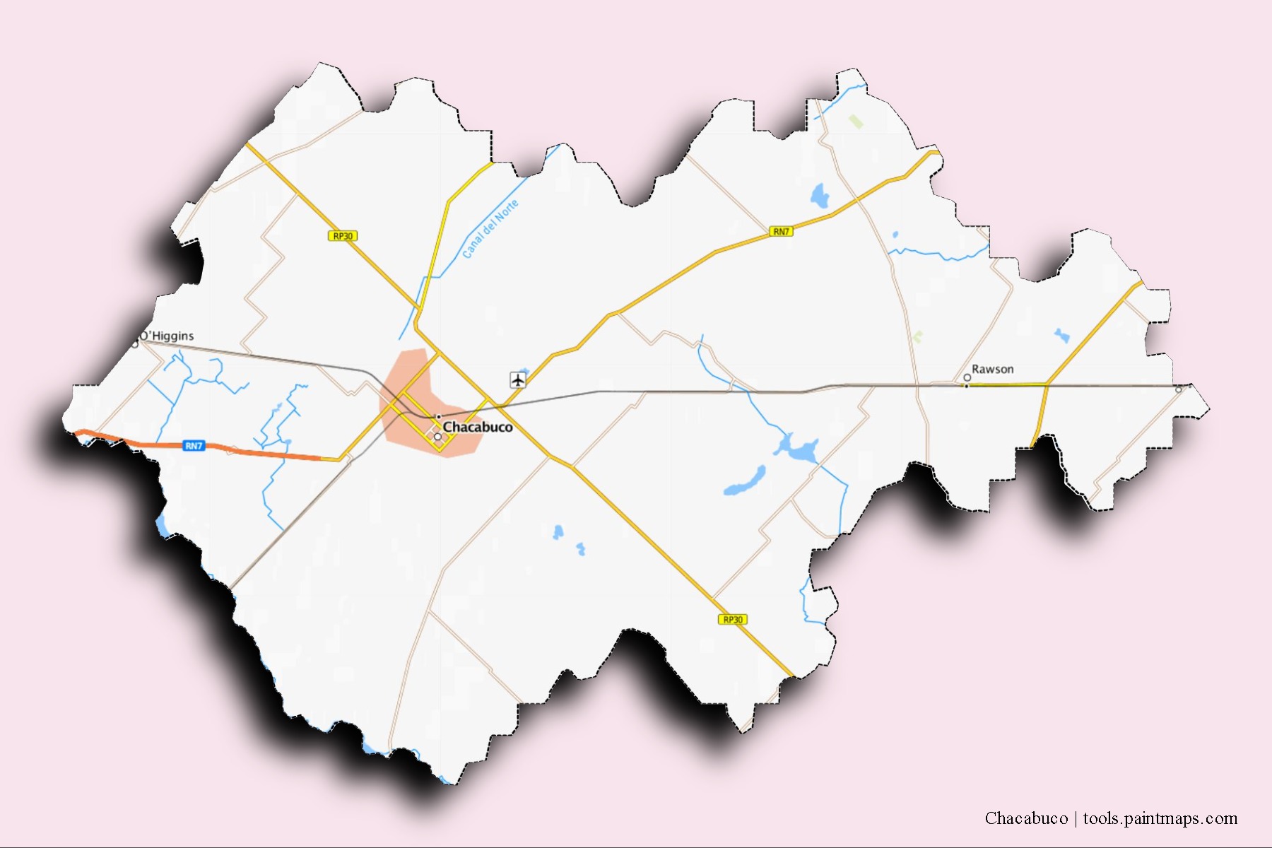 Chacabuco neighborhoods and villages map with 3D shadow effect