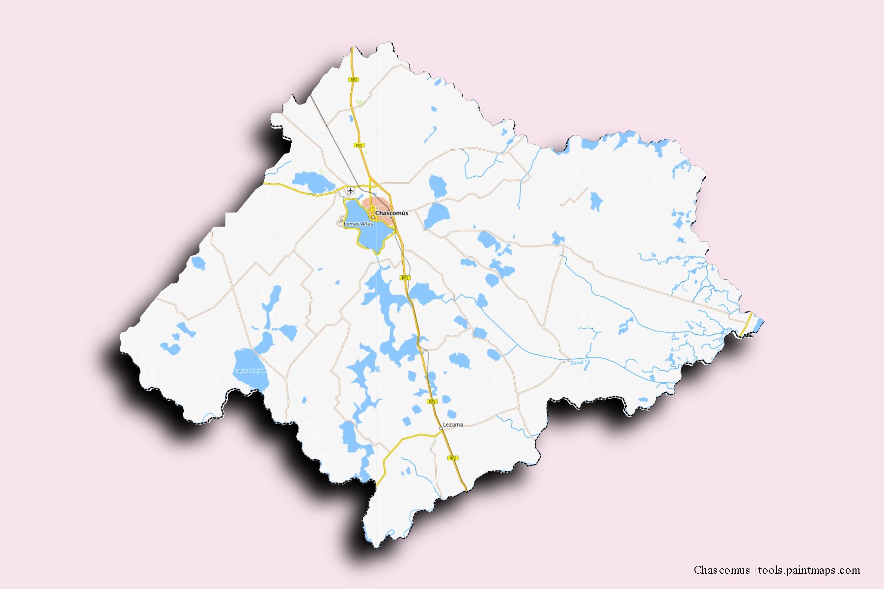 Mapa de barrios y pueblos de Chascomus con efecto de sombra 3D