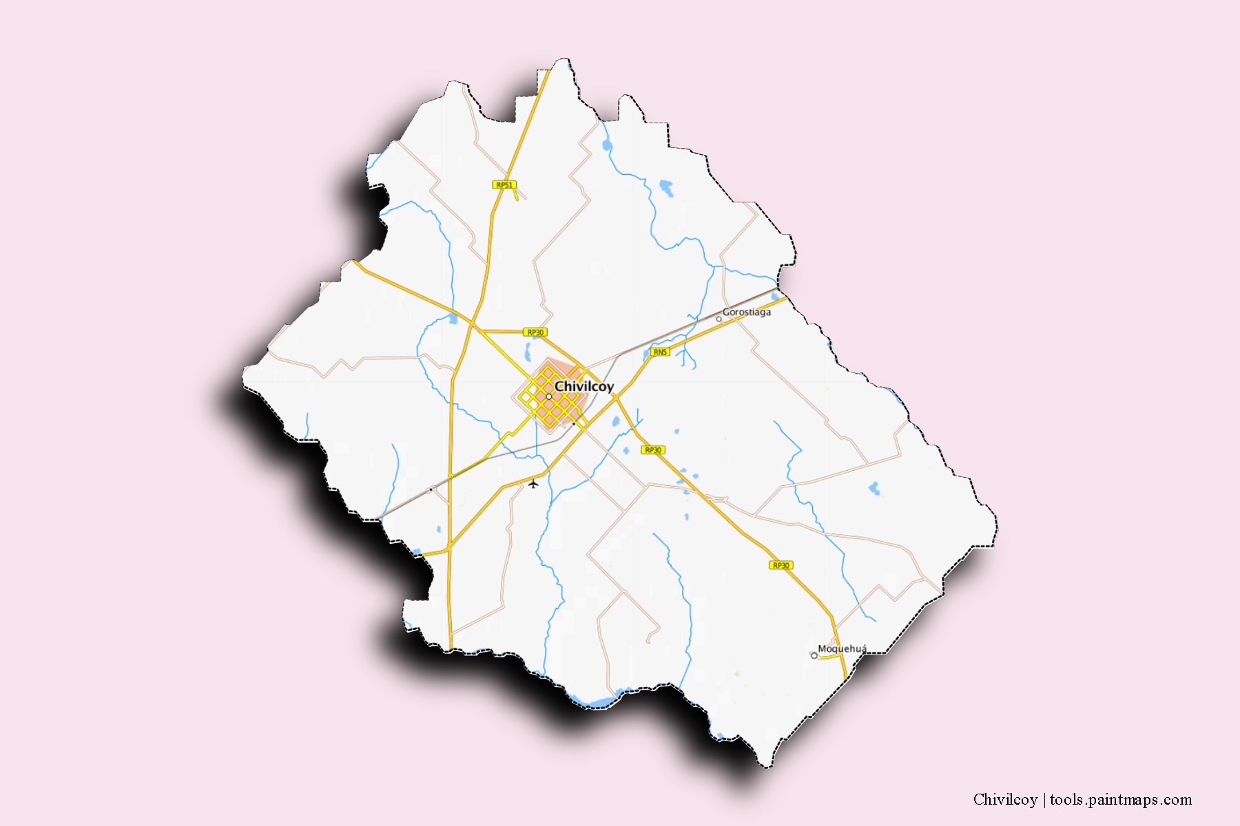 Mapa de barrios y pueblos de Chivilcoy con efecto de sombra 3D