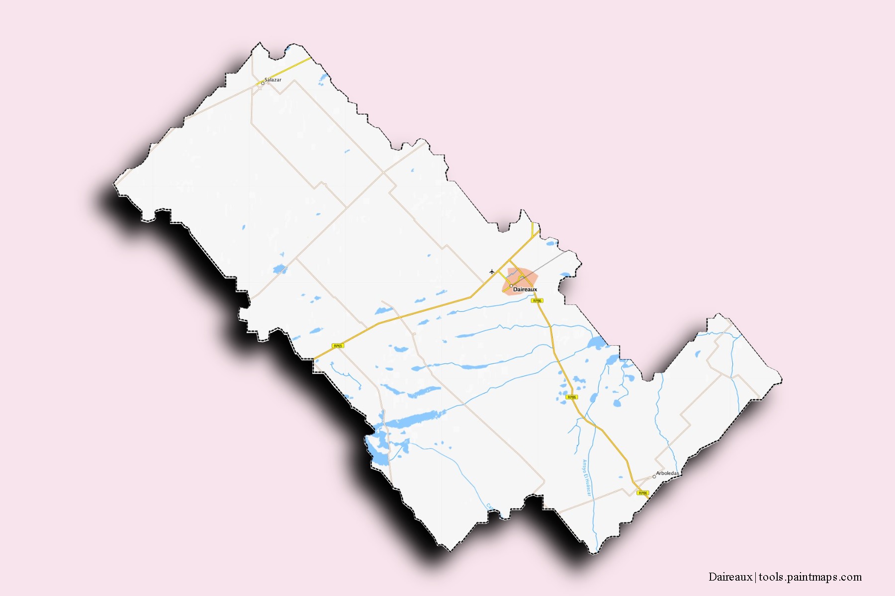 Mapa de barrios y pueblos de Daireaux con efecto de sombra 3D