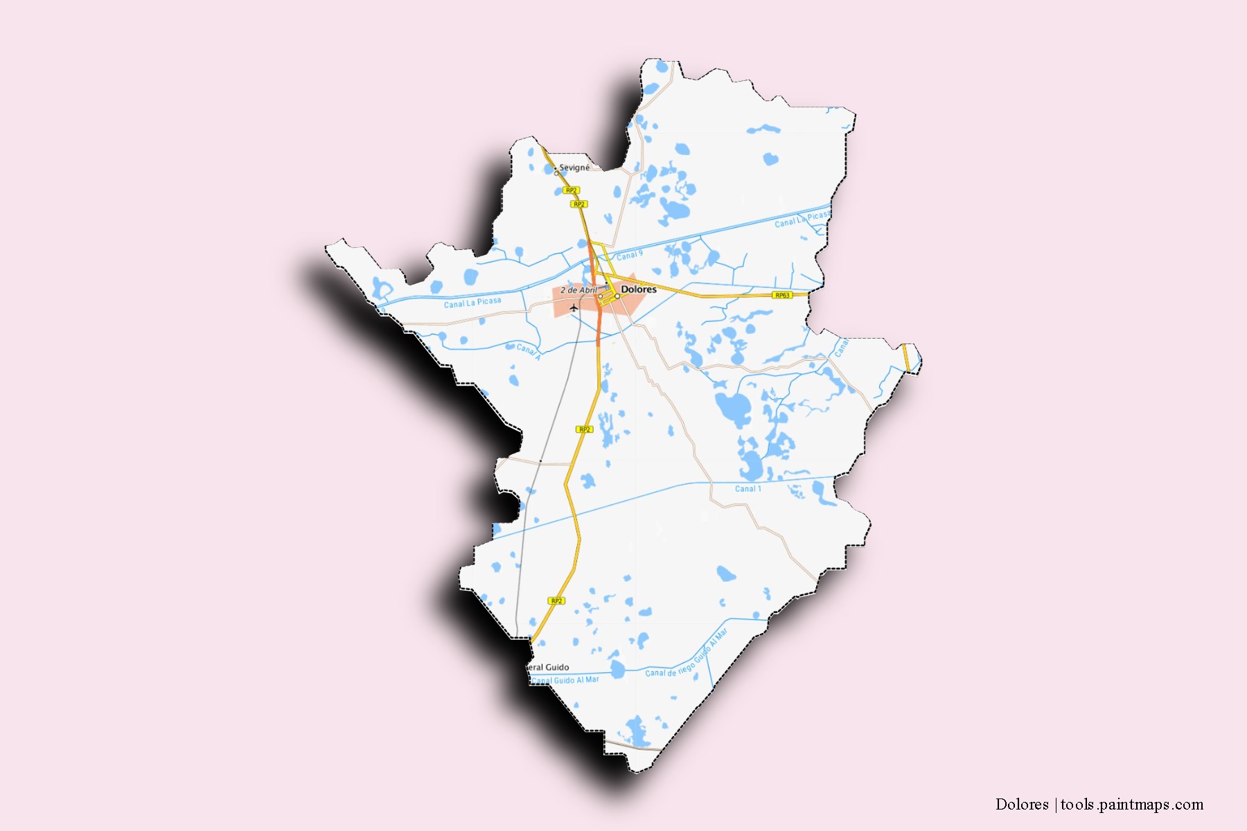 Dolores neighborhoods and villages map with 3D shadow effect