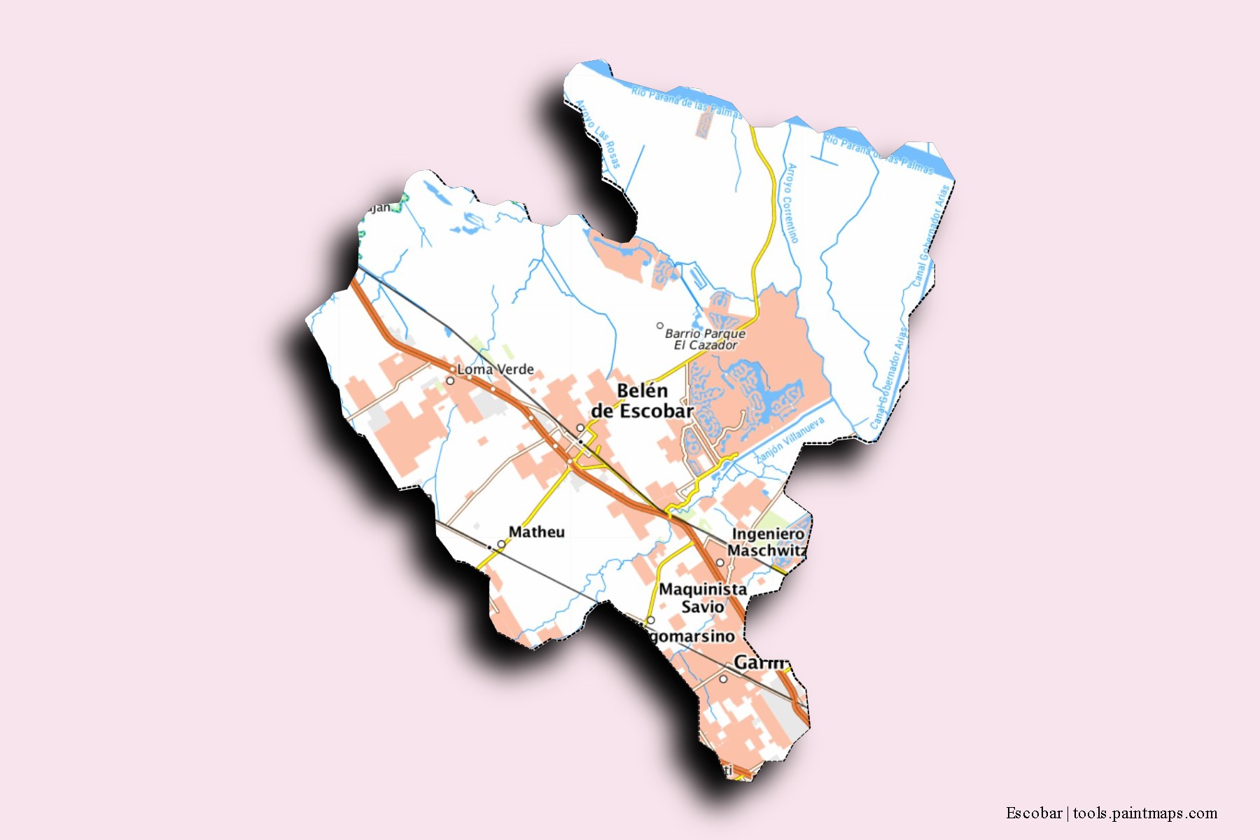 Mapa de barrios y pueblos de Escobar con efecto de sombra 3D