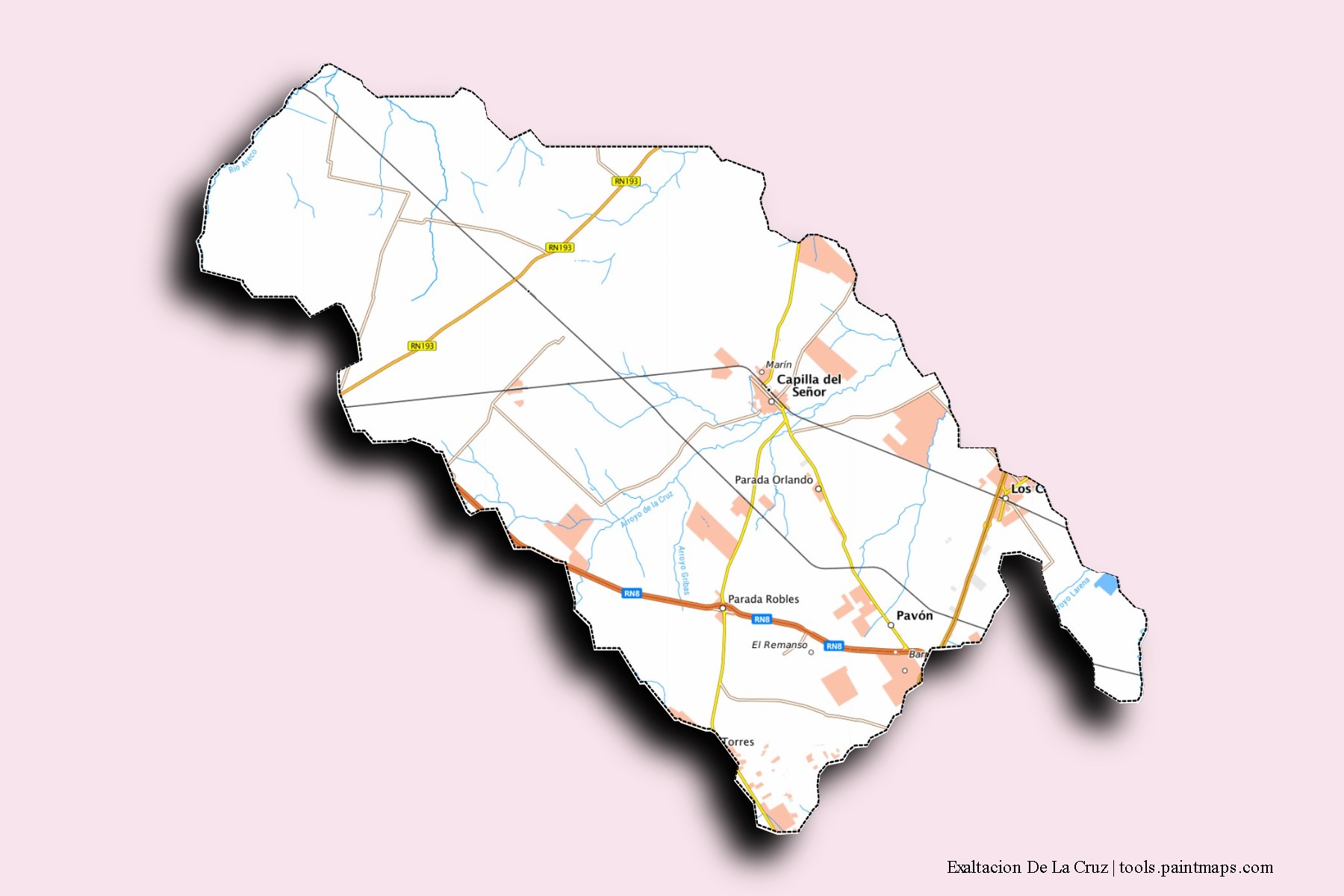 Exaltación de la Cruz neighborhoods and villages map with 3D shadow effect