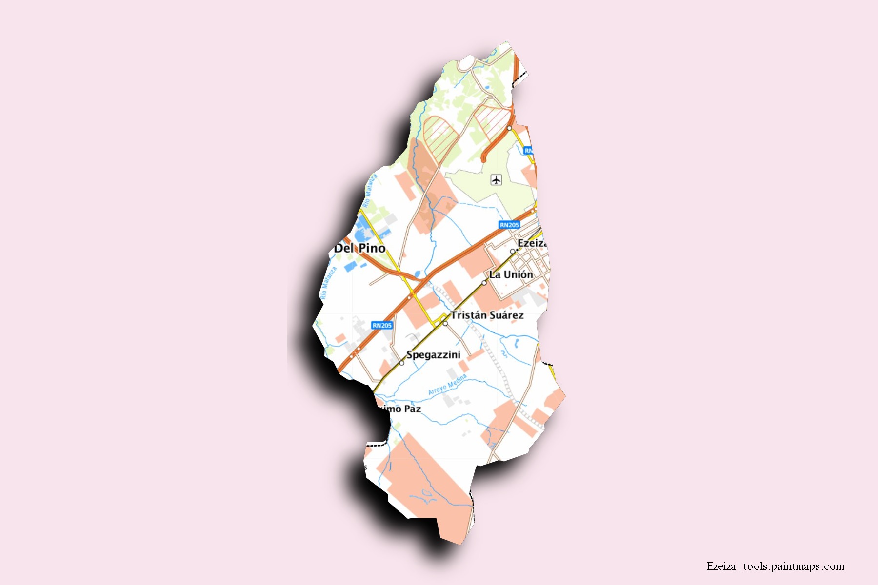 Mapa de barrios y pueblos de Ezeiza con efecto de sombra 3D