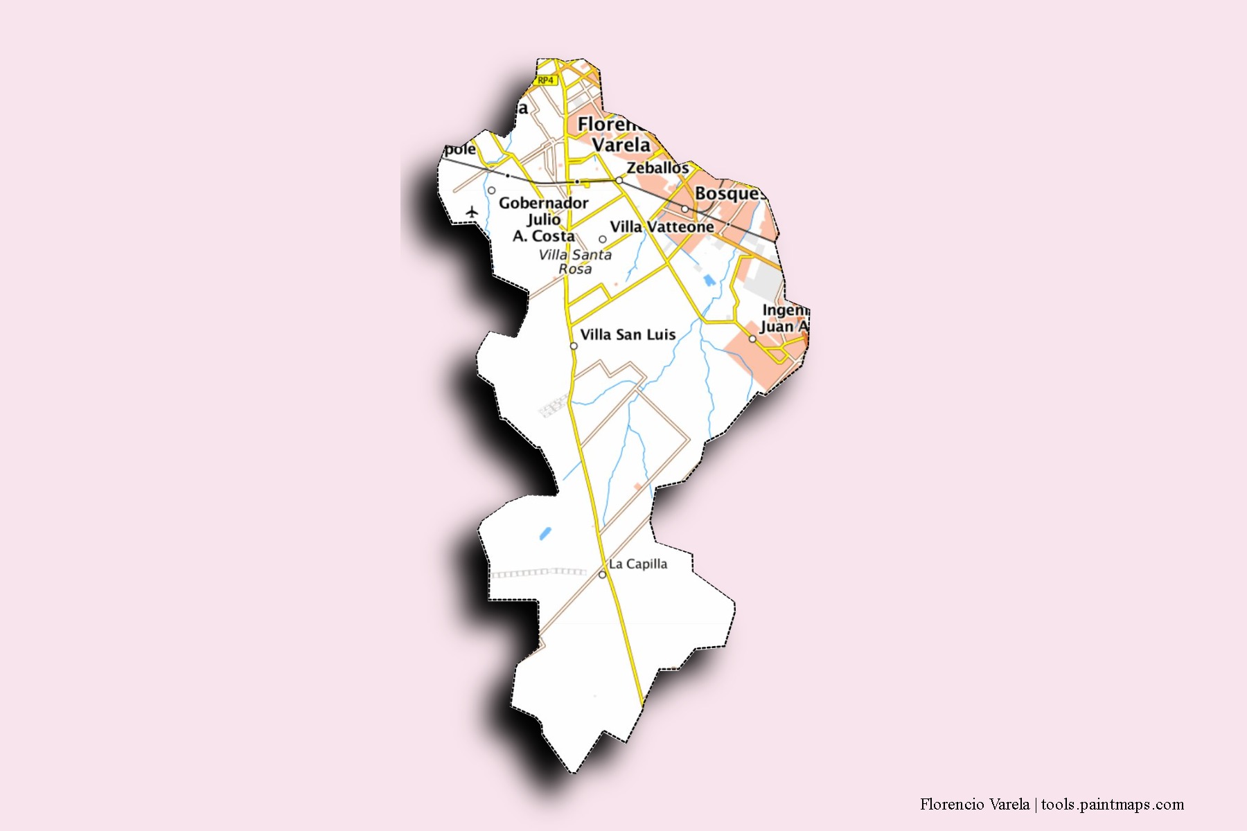 Mapa de barrios y pueblos de Florencio Varela con efecto de sombra 3D