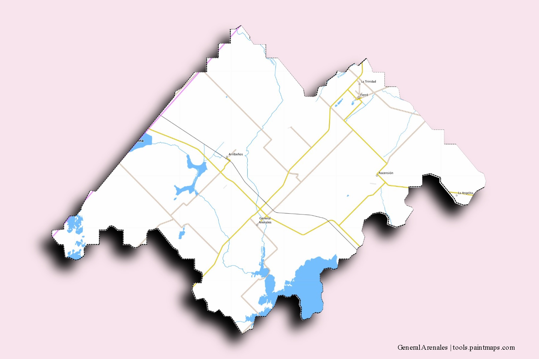 Mapa de barrios y pueblos de General Arenales con efecto de sombra 3D