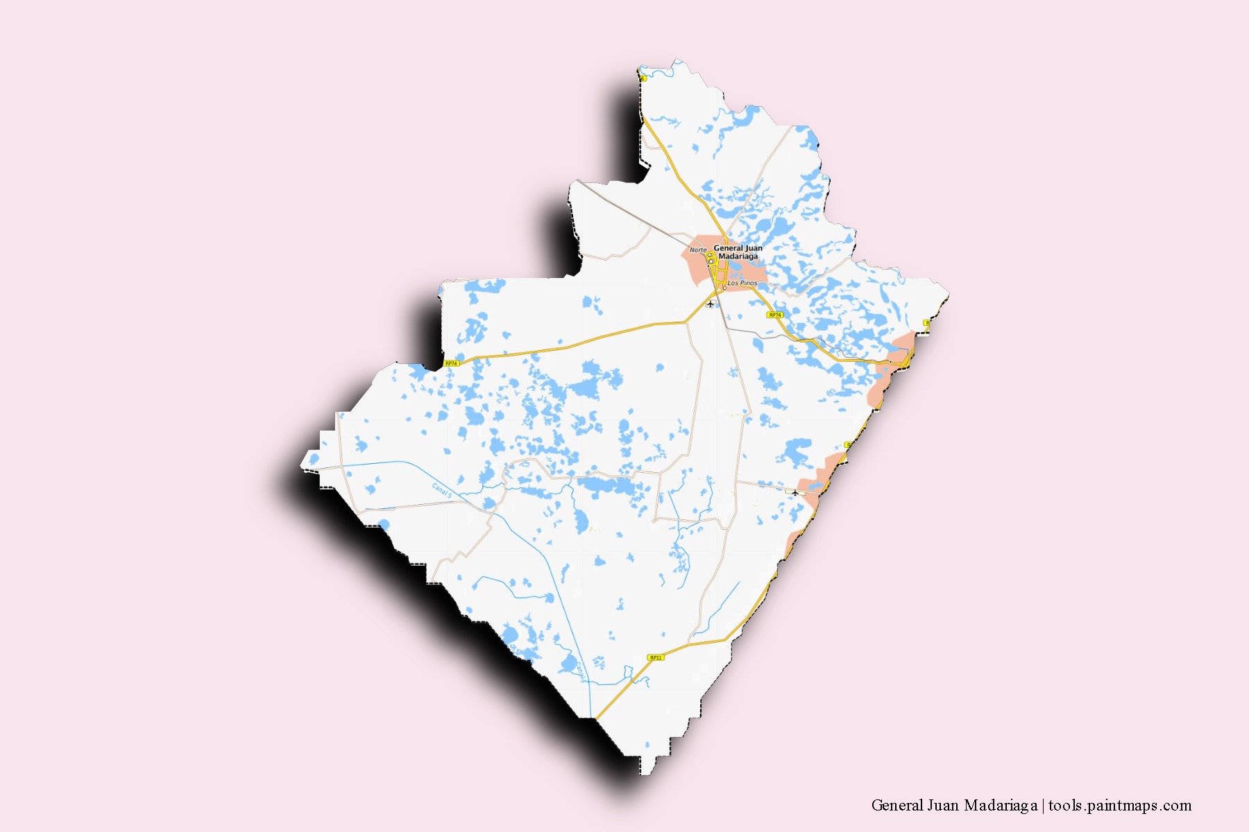 Mapa de barrios y pueblos de General Juan Madariaga con efecto de sombra 3D