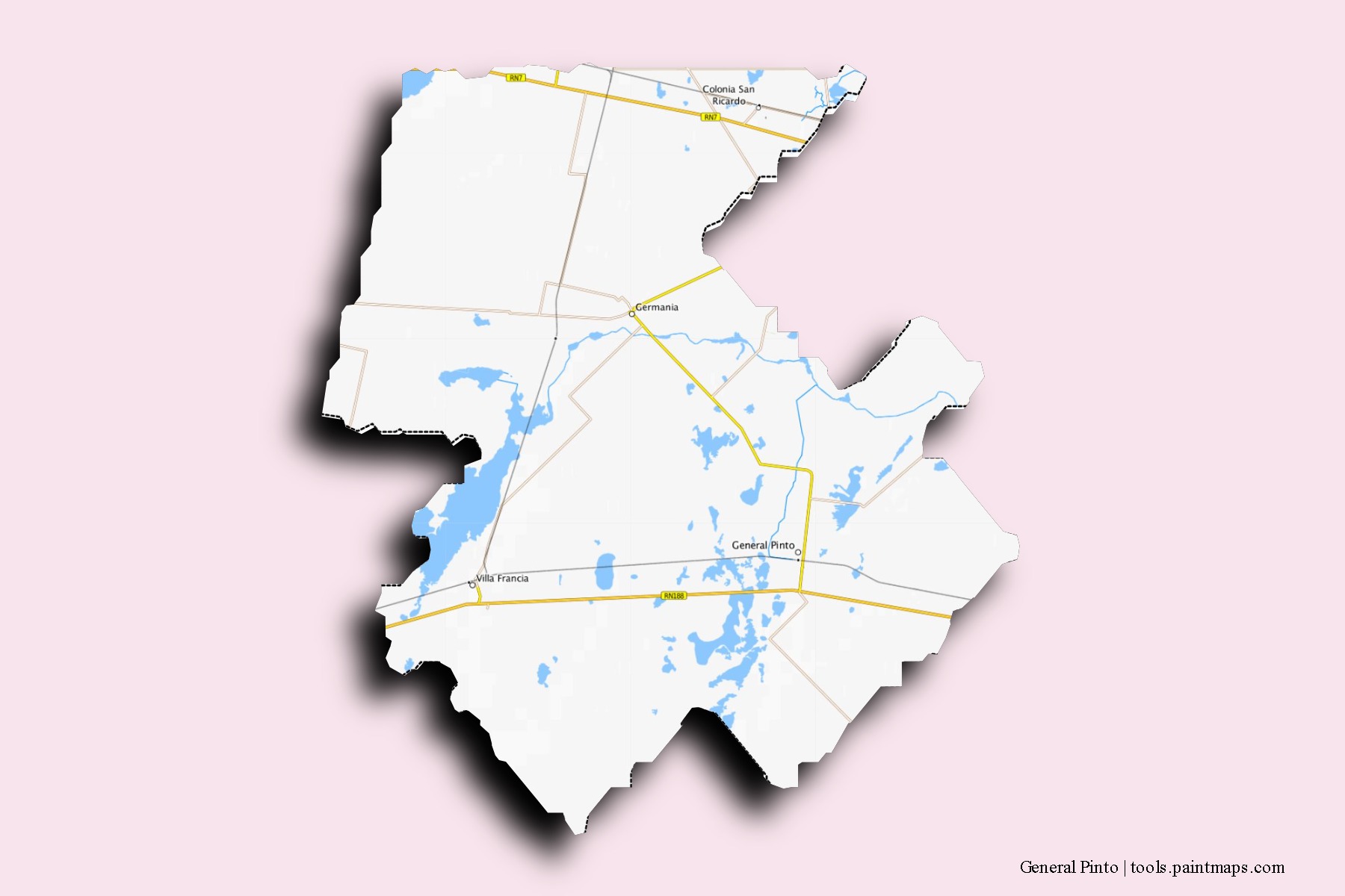 Mapa de barrios y pueblos de General Pinto con efecto de sombra 3D