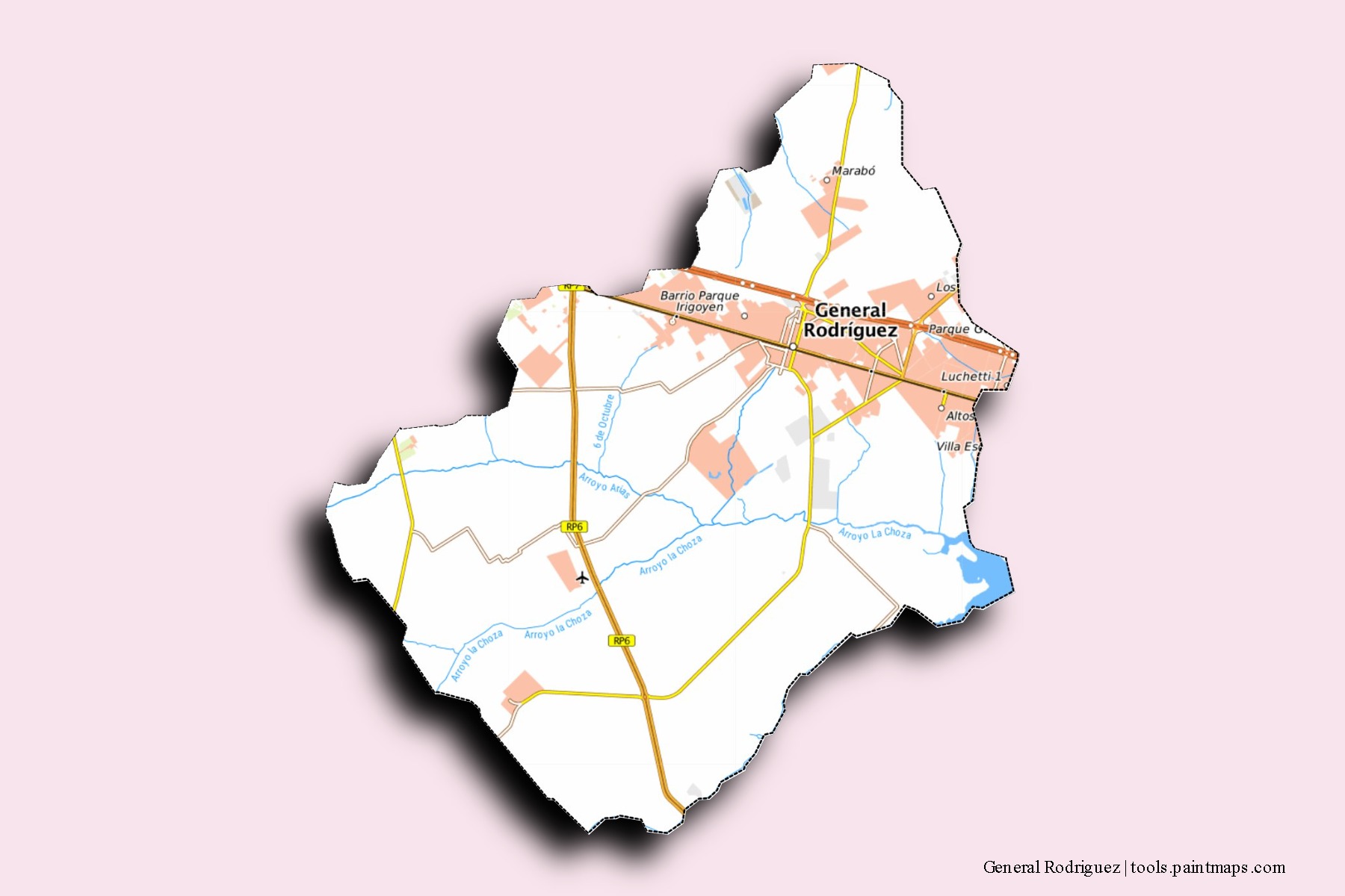 General Rodríguez neighborhoods and villages map with 3D shadow effect