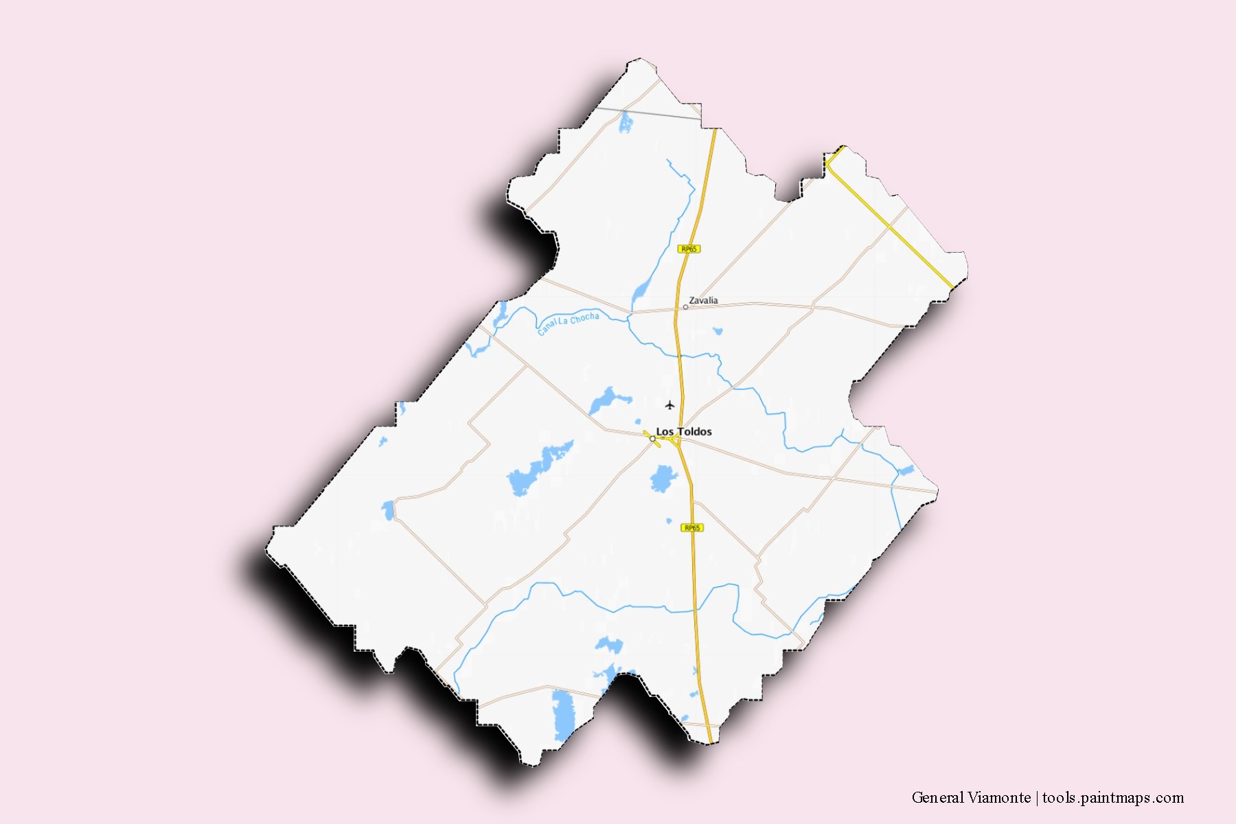 Mapa de barrios y pueblos de General Viamonte con efecto de sombra 3D